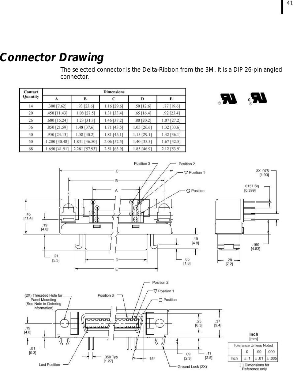   41    Connector Drawing The selected connector is the Delta-Ribbon from the 3M. It is a DIP 26-pin angled connector.   