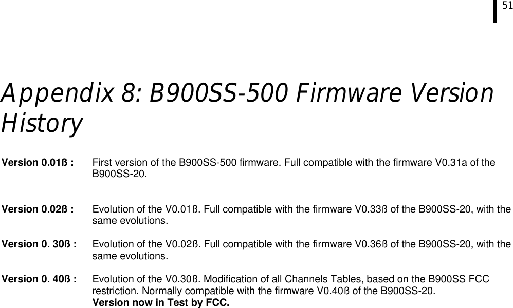   51    Appendix 8: B900SS-500 Firmware Version History  Version 0.01ß : First version of the B900SS-500 firmware. Full compatible with the firmware V0.31a of the B900SS-20.    Version 0.02ß : Evolution of the V0.01ß. Full compatible with the firmware V0.33ß of the B900SS-20, with the same evolutions.  Version 0. 30ß : Evolution of the V0.02ß. Full compatible with the firmware V0.36ß of the B900SS-20, with the same evolutions.  Version 0. 40ß : Evolution of the V0.30ß. Modification of all Channels Tables, based on the B900SS FCC restriction. Normally compatible with the firmware V0.40ß of the B900SS-20. Version now in Test by FCC.  
