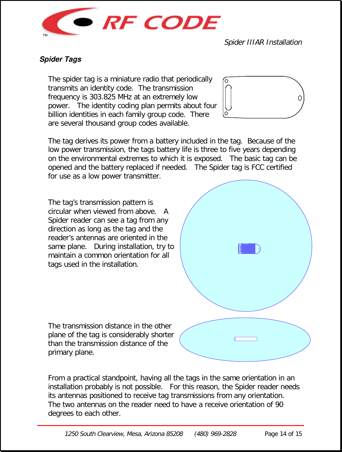 Spider IIIAR Installation1250 South Clearview, Mesa, Arizona 85208      (480) 969-2828               Page 14 of 15Spider TagsThe spider tag is a miniature radio that periodicallytransmits an identity code.  The transmissionfrequency is 303.825 MHz at an extremely lowpower.   The identity coding plan permits about fourbillion identities in each family group code.  Thereare several thousand group codes available.The tag derives its power from a battery included in the tag.  Because of thelow power transmission, the tags battery life is three to five years dependingon the environmental extremes to which it is exposed.   The basic tag can beopened and the battery replaced if needed.   The Spider tag is FCC certifiedfor use as a low power transmitter.The tag’s transmission pattern iscircular when viewed from above.   ASpider reader can see a tag from anydirection as long as the tag and thereader’s antennas are oriented in thesame plane.   During installation, try tomaintain a common orientation for alltags used in the installation.The transmission distance in the otherplane of the tag is considerably shorterthan the transmission distance of theprimary plane.From a practical standpoint, having all the tags in the same orientation in aninstallation probably is not possible.   For this reason, the Spider reader needsits antennas positioned to receive tag transmissions from any orientation.The two antennas on the reader need to have a receive orientation of 90degrees to each other.