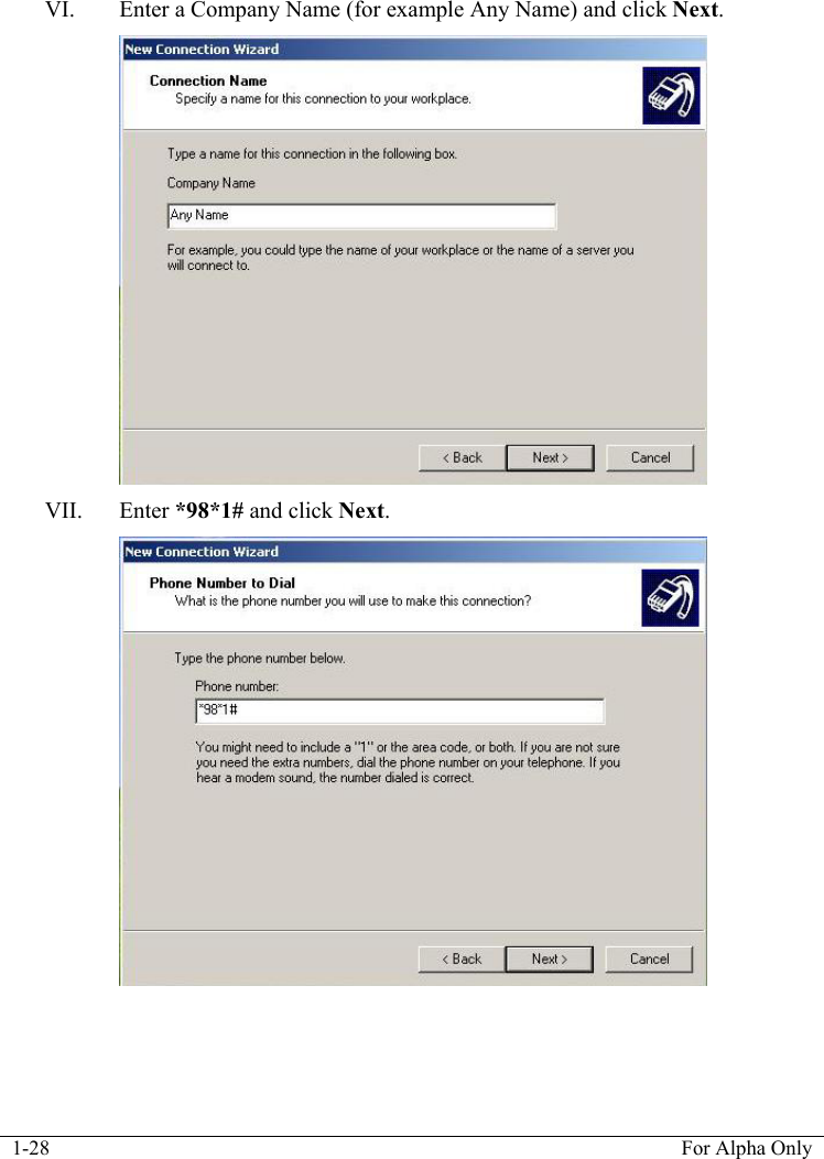  1-28  For Alpha Only  VI. Enter a Company Name (for example Any Name) and click Next.  VII. Enter *98*1# and click Next.  
