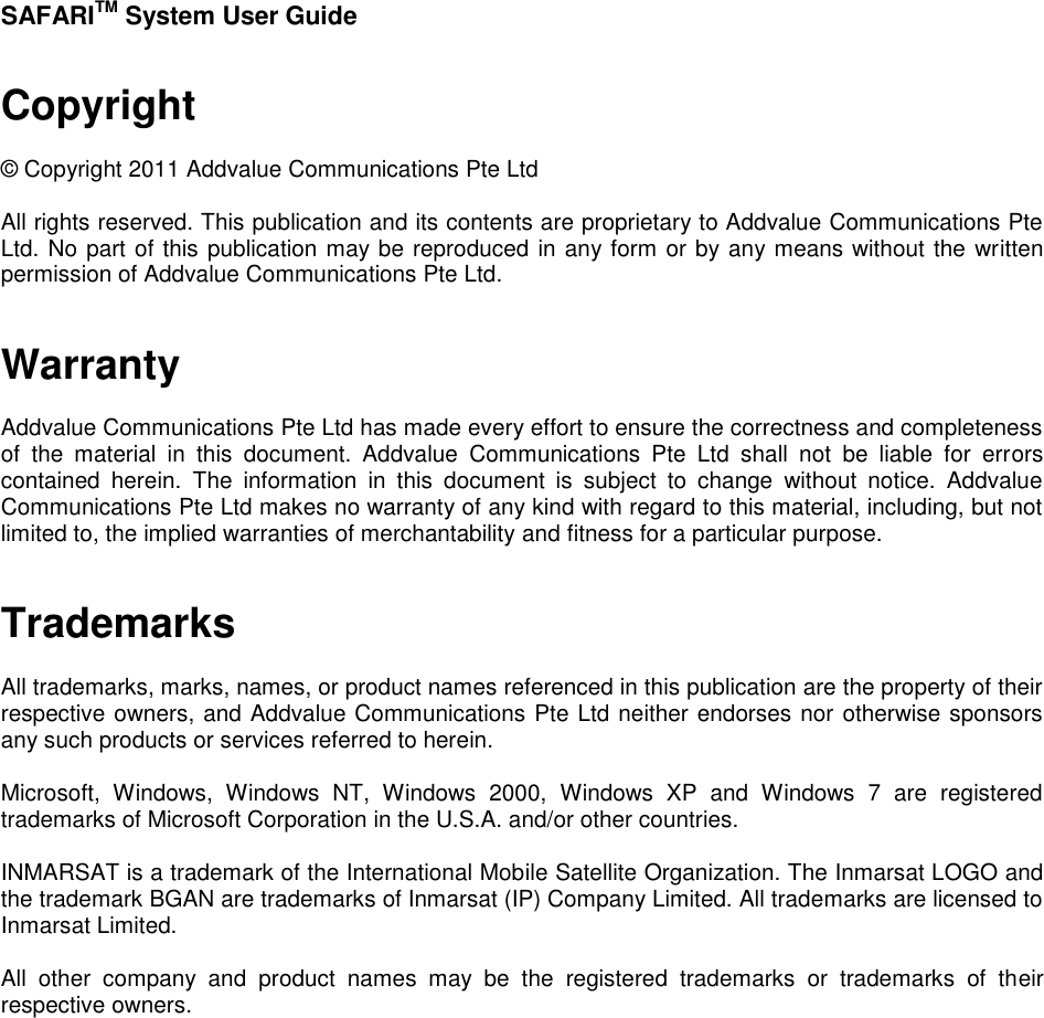 Page 1 of Addvalue Communications WESAFARI INMARSAT BGAN LAND MOBILE SATELLITE TERMINAL+ 802.11 b/g User Manual 