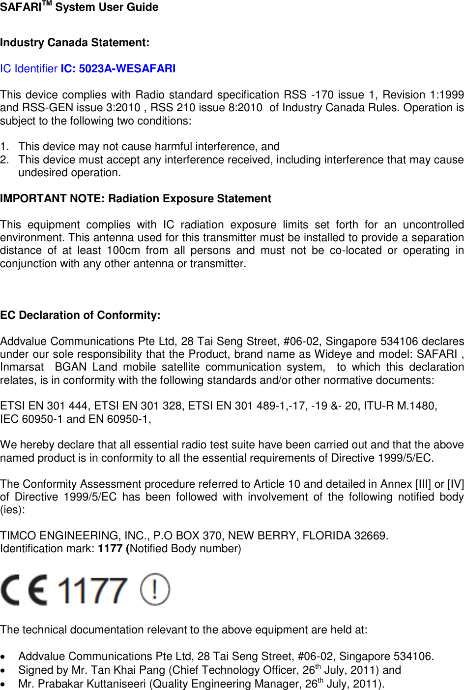 Page 3 of Addvalue Communications WESAFARI INMARSAT BGAN LAND MOBILE SATELLITE TERMINAL+ 802.11 b/g User Manual 