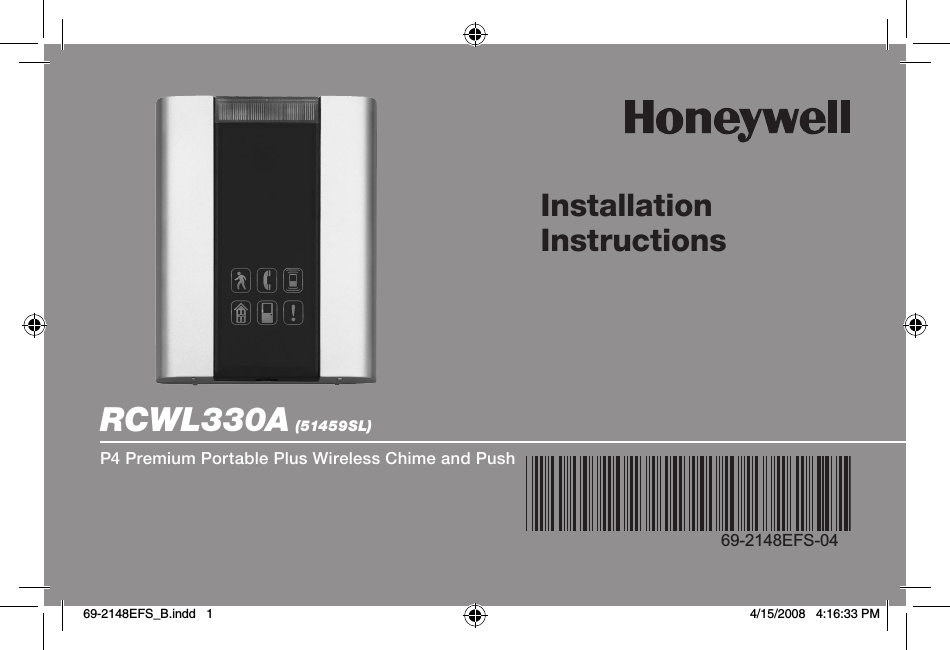 Installation InstructionsRCWL330A (51459SL)P4 Premium Portable Plus Wireless Chime and Push69-2148EFS-0469-2148EFS_B.indd   1 4/15/2008   4:16:33 PM