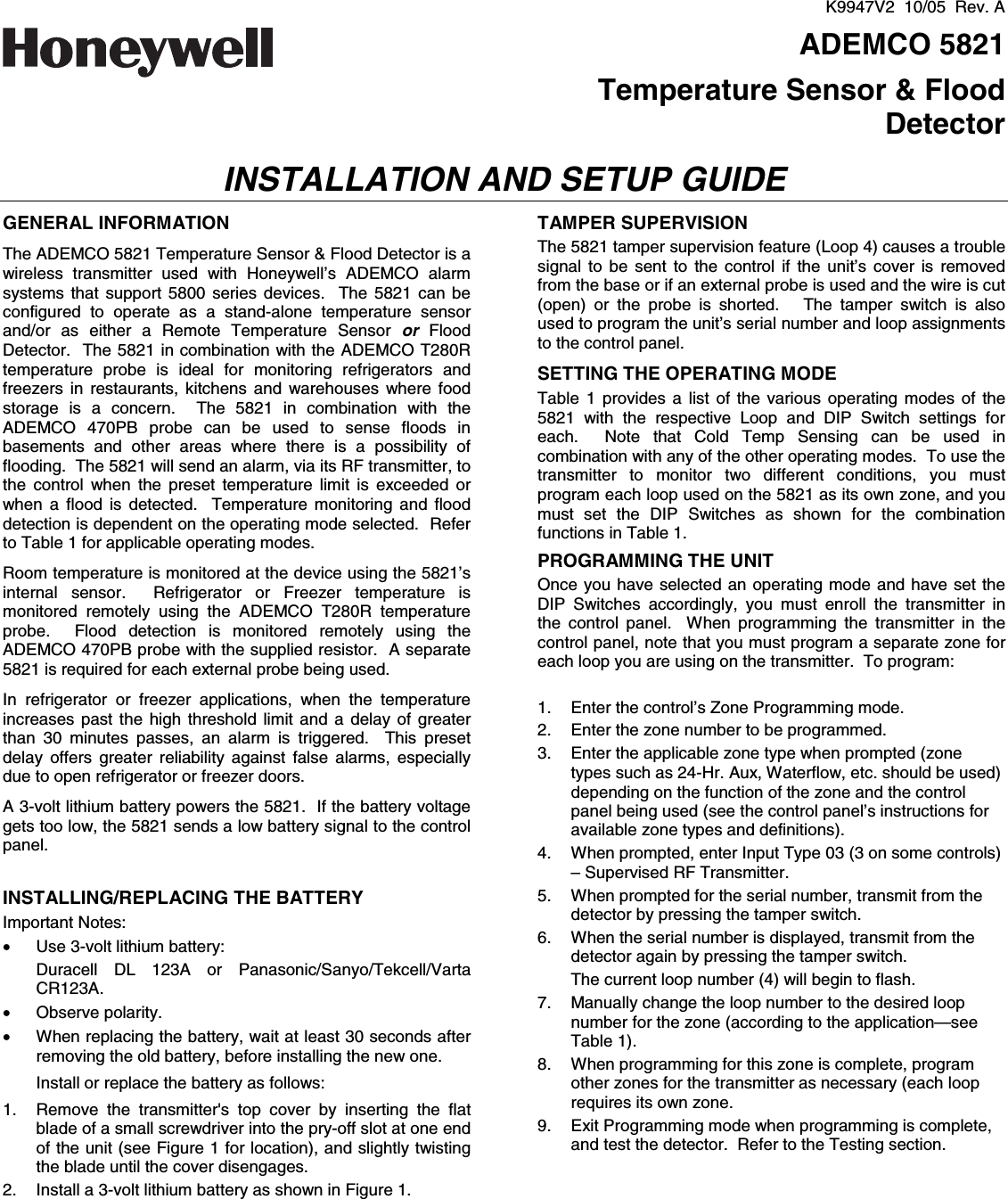 Ademco 8DL58211 security remote transmitter User Manual K9947V2
