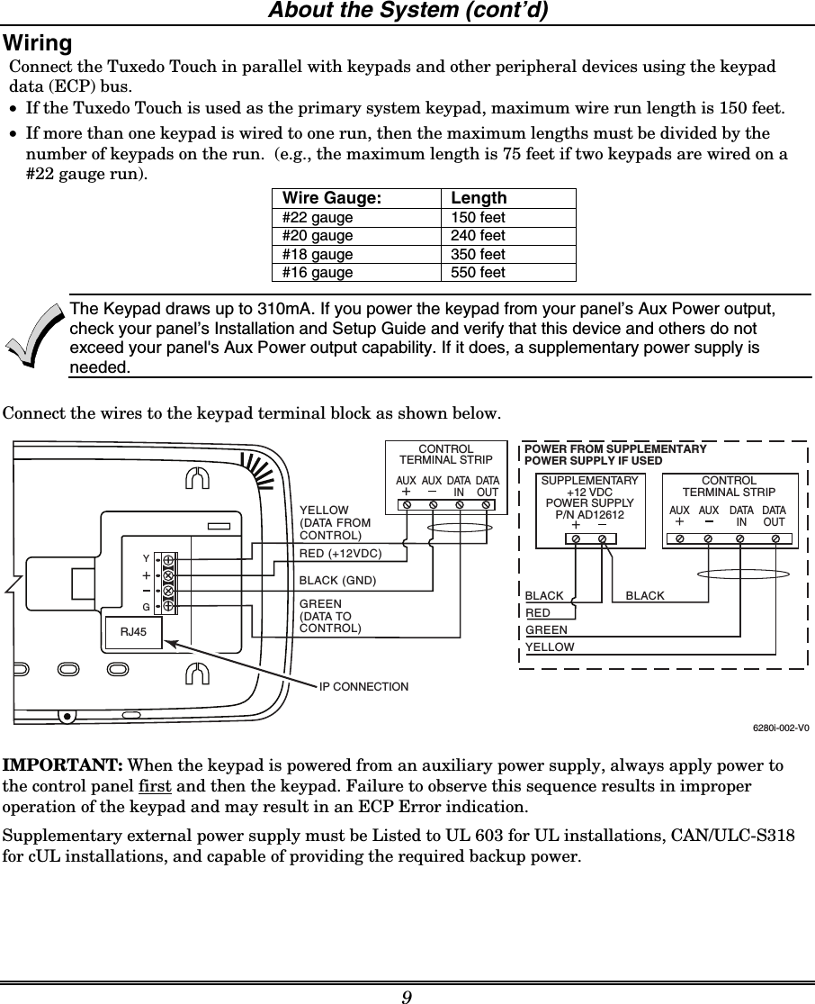 About the System (cont’d) 9 Wiring  Connect the Tuxedo Touch in parallel with keypads and other peripheral devices using the keypad data (ECP) bus.  • If the Tuxedo Touch is used as the primary system keypad, maximum wire run length is 150 feet. • If more than one keypad is wired to one run, then the maximum lengths must be divided by the number of keypads on the run.  (e.g., the maximum length is 75 feet if two keypads are wired on a #22 gauge run). Wire Gauge:      Length #22 gauge  150 feet #20 gauge  240 feet #18 gauge  350 feet #16 gauge  550 feet    Connect the wires to the keypad terminal block as shown below.   BLACKPOWER FROM SUPPLEMENTARYPOWER SUPPLY IF USEDRED BLACKGREENYELLOWCONTROLTERMINAL STRIPSUPPLEMENTARY+12 VDCPOWER SUPPLYP/N AD12612BLACK (GND)RED (+12VDC) GREEN( DATA  TOCONTROL)YELLOW(DATA FROMCONTROL)CONTROLTERMINAL STRIPAU X D ATAINDATAOUTAUXDATAINDATAOUTAUX AUXYG6280i-002-V0RJ45IP CONNECTION  IMPORTANT: When the keypad is powered from an auxiliary power supply, always apply power to the control panel first and then the keypad. Failure to observe this sequence results in improper operation of the keypad and may result in an ECP Error indication.  Supplementary external power supply must be Listed to UL 603 for UL installations, CAN/ULC-S318 for cUL installations, and capable of providing the required backup power.   The Keypad draws up to 310mA. If you power the keypad from your panel’s Aux Power output, check your panel’s Installation and Setup Guide and verify that this device and others do not exceed your panel&apos;s Aux Power output capability. If it does, a supplementary power supply is needed. 