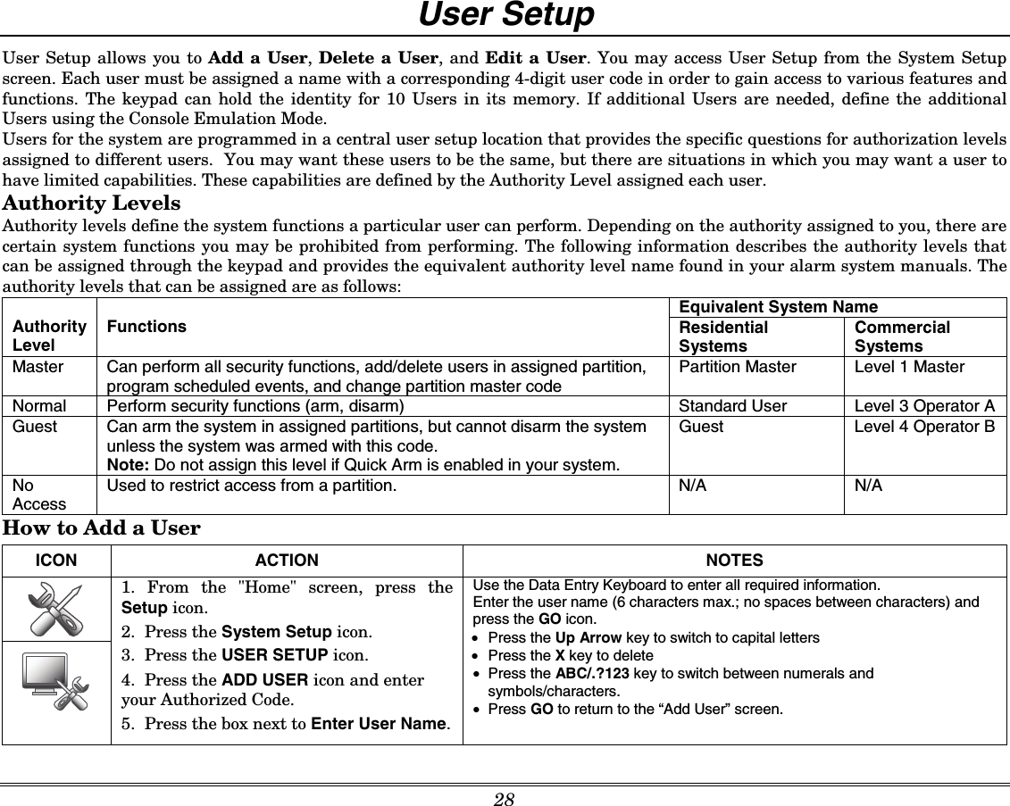  28 User Setup User Setup allows you to Add a User, Delete a User, and Edit a User. You may access User Setup from the System Setup screen. Each user must be assigned a name with a corresponding 4-digit user code in order to gain access to various features and functions. The keypad can hold the identity for 10 Users in its memory. If additional Users are needed, define the additional Users using the Console Emulation Mode. Users for the system are programmed in a central user setup location that provides the specific questions for authorization levels assigned to different users.  You may want these users to be the same, but there are situations in which you may want a user to have limited capabilities. These capabilities are defined by the Authority Level assigned each user. Authority Levels  Authority levels define the system functions a particular user can perform. Depending on the authority assigned to you, there are certain system functions you may be prohibited from performing. The following information describes the authority levels that can be assigned through the keypad and provides the equivalent authority level name found in your alarm system manuals. The authority levels that can be assigned are as follows: Equivalent System Name  Authority Level Functions  Residential Systems  Commercial Systems Master  Can perform all security functions, add/delete users in assigned partition, program scheduled events, and change partition master code Partition Master  Level 1 Master Normal  Perform security functions (arm, disarm)  Standard User  Level 3 Operator A Guest  Can arm the system in assigned partitions, but cannot disarm the system unless the system was armed with this code. Note: Do not assign this level if Quick Arm is enabled in your system. Guest  Level 4 Operator B No Access Used to restrict access from a partition.  N/A  N/A How to Add a User  ICON   ACTION  NOTES   1. From the &quot;Home&quot; screen, press the Setup icon.   2.  Press the System Setup icon.   3.  Press the USER SETUP icon. 4.  Press the ADD USER icon and enter your Authorized Code.   5.  Press the box next to Enter User Name.  Use the Data Entry Keyboard to enter all required information.  Enter the user name (6 characters max.; no spaces between characters) and press the GO icon. • Press the Up Arrow key to switch to capital letters • Press the X key to delete • Press the ABC/.?123 key to switch between numerals and symbols/characters. • Press GO to return to the “Add User” screen.  