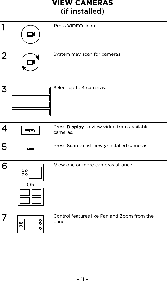 – 11 – VIEW CAMERAS (if installed)  1  Press VIDEO  icon.   2  System may scan for cameras.    3  Select up to 4 cameras.   4  Press Display to view video from available cameras.  5  Press Scan to list newly-installed cameras.   6  OR  View one or more cameras at once.   7  Control features like Pan and Zoom from the panel.   