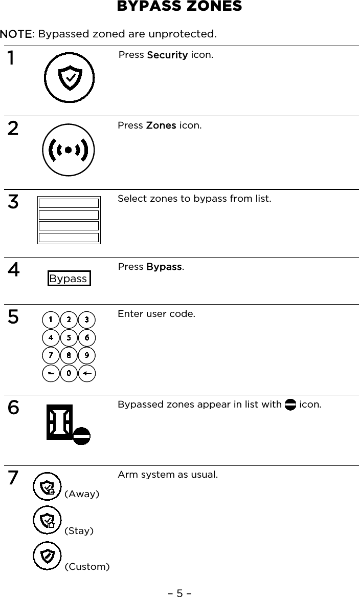 – 5 – BYPASS ZONES  NOTE: Bypassed zoned are unprotected.  1  Press Security icon.   2  Press Zones icon.   3  Select zones to bypass from list.   4  Bypass.  Press Bypass.   5  Enter user code.     6   Bypassed zones appear in list with   icon.   7  (Away)   (Stay)   (Custom) Arm system as usual.   