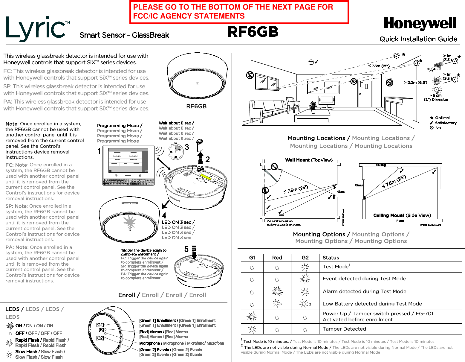    This wireless glassbreak detector is intended for use with Honeywell controls that support SiX™ series devices. FC: This wireless glassbreak detector is intended for use with Honeywell controls that support SiX™ series devices. SP: This wireless glassbreak detector is intended for use with Honeywell controls that support SiX™ series devices. PA: This wireless glassbreak detector is intended for use with Honeywell controls that support SiX™ series devices.     RF6GB Note: Once enrolled in a system, the RF6GB cannot be used with another control panel until it is removed from the current control panel. See the Control’s instructions device removal instructions.  FC: Note: Once enrolled in a system, the RF6GB cannot be used with another control panel until it is removed from the current control panel. See the Control’s instructions for device removal instructions. SP: Note: Once enrolled in a system, the RF6GB cannot be used with another control panel until it is removed from the current control panel. See the Control’s instructions for device removal instructions. PA: Note: Once enrolled in a system, the RF6GB cannot be used with another control panel until it is removed from the current control panel. See the Control’s instructions for device removal instructions.   Enroll / Enroll / Enroll / Enroll LEDS / LEDS / LEDS / LEDS    Mounting Locations / Mounting Locations /  Mounting Locations / Mounting Locations          Mounting Options / Mounting Options /  Mounting Options / Mounting Options  G1 Red G2 Status     Test Mode1     Event detected during Test Mode    Alarm detected during Test Mode  2  2 Low Battery detected during Test Mode      Power Up / Tamper switch pressed / FG-701 Activated before enrollment      Tamper Detected 1 Test Mode is 10 minutes. / Test Mode is 10 minutes / Test Mode is 10 minutes / Test Mode is 10 minutes 2 The LEDs are not visible during Normal Mode / The LEDs are not visible during Normal Mode / The LEDs are not visible during Normal Mode / The LEDs are not visible during Normal Mode BETA QUICK INSTALL GUIDE – 01/12/15 PLEASE GO TO THE BOTTOM OF THE NEXT PAGE FOR FCC/IC AGENCY STATEMENTS