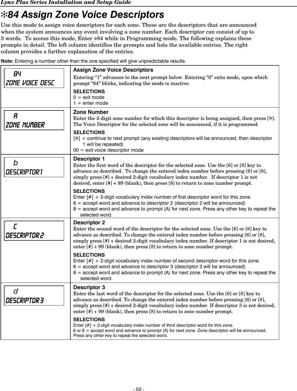 Lynx Plus Series Installation and Setup Guide  - 52 - ✻84 Assign Zone Voice Descriptors  Use this mode to assign voice descriptors for each zone. These are the descriptors that are announced when the system announces any event involving a zone number. Each descriptor can consist of up to 3 words.  To access this mode, Enter ✻84 while in Programming mode. The following explains these prompts in detail. The left column identifies the prompts and lists the available entries. The right column provides a further explanation of the entries. Note: Entering a number other than the one specified will give unpredictable results.   84848484    ZONEZONEZONEZONE         VOICE  VOICE  VOICE  VOICE         DESCDESCDESCDESC     Assign Zone Voice Descriptors Entering “1” advances to the next prompt below. Entering “0” exits mode, upon which prompt “84” blinks, indicating the mode is inactive. SELECTIONS 0 = exit mode 1 = enter mode      AAAA    ZONE ZONE ZONE ZONE         NUMBERNUMBERNUMBERNUMBER     Zone Number Enter the 2-digit zone number for which this descriptor is being assigned, then press [✻]. The Voice Descriptor for the selected zone will be announced, if it is programmed.  SELECTIONS [✻] = continue to next prompt (any existing descriptors will be announced, then descriptor 1 will be repeated) 00 = exit voice descriptor mode   b DESCRIPTOR 1DESCRIPTOR 1DESCRIPTOR 1DESCRIPTOR 1    . Descriptor 1 Enter the first word of the descriptor for the selected zone. Use the [6] or [8] key to advance as described.  To change the entered index number before pressing [6] or [8], simply press [#] + desired 2-digit vocabulary index number.  If descriptor 1 is not desired, enter [#] + 99 (blank), then press [8] to return to zone number prompt. SELECTIONS Enter [#] + 2-digit vocabulary index number of first descriptor word for this zone. 6 = accept word and advance to descriptor 2 (descriptor 2 will be announced) 8 = accept word and advance to prompt (A) for next zone. Press any other key to repeat the selected word.      CCCC    DESCRIPTOR 2DESCRIPTOR 2DESCRIPTOR 2DESCRIPTOR 2     Descriptor 2 Enter the second word of the descriptor for the selected zone. Use the [6] or [8] key to advance as described. To change the entered index number before pressing [6] or [8], simply press [#] + desired 2-digit vocabulary index number. If descriptor 1 is not desired, enter [#] + 99 (blank), then press [8] to return to zone number prompt. SELECTIONS Enter [#] + 2-digit vocabulary index number of second descriptor word for this zone. 6 = accept word and advance to descriptor 3 (descriptor 3 will be announced) 8 = accept word and advance to prompt (A) for next zone. Press any other key to repeat the selected word.   d DESCRIPTOR 3DESCRIPTOR 3DESCRIPTOR 3DESCRIPTOR 3     Descriptor 3 Enter the last word of the descriptor for the selected zone. Use the [6] or [8] key to advance as described. To change the entered index number before pressing [6] or [8], simply press [#] + desired 2-digit vocabulary index number. If descriptor 3 is not desired, enter [#] + 99 (blank), then press [8] to return to zone number prompt. SELECTIONS Enter [#] + 2-digit vocabulary index number of third descriptor word for this zone. 6 or 8 = accept word and advance to prompt (A) for next zone. Zone descriptor will be announced. Press any other key to repeat the selected word.  
