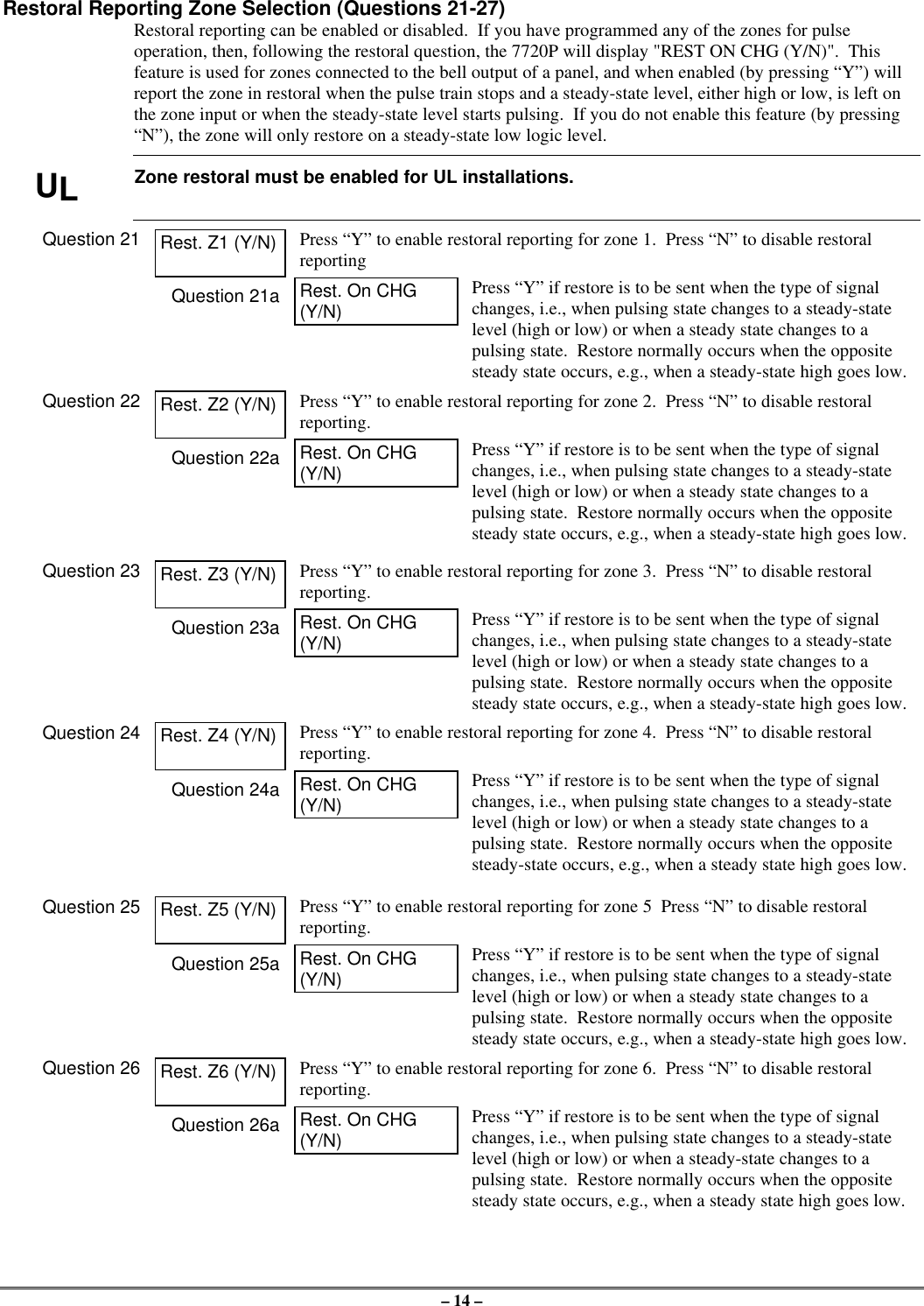 – 14 –Restoral Reporting Zone Selection (Questions 21-27)Restoral reporting can be enabled or disabled.  If you have programmed any of the zones for pulseoperation, then, following the restoral question, the 7720P will display &quot;REST ON CHG (Y/N)&quot;.  Thisfeature is used for zones connected to the bell output of a panel, and when enabled (by pressing “Y”) willreport the zone in restoral when the pulse train stops and a steady-state level, either high or low, is left onthe zone input or when the steady-state level starts pulsing.  If you do not enable this feature (by pressing“N”), the zone will only restore on a steady-state low logic level.ULZone restoral must be enabled for UL installations.Question 21 Rest. Z1 (Y/N) Press “Y” to enable restoral reporting for zone 1.  Press “N” to disable restoralreportingQuestion 21a Rest. On CHG(Y/N)Press “Y” if restore is to be sent when the type of signalchanges, i.e., when pulsing state changes to a steady-statelevel (high or low) or when a steady state changes to apulsing state.  Restore normally occurs when the oppositesteady state occurs, e.g., when a steady-state high goes low.Question 22 Rest. Z2 (Y/N) Press “Y” to enable restoral reporting for zone 2.  Press “N” to disable restoralreporting.Question 22a Rest. On CHG(Y/N)Press “Y” if restore is to be sent when the type of signalchanges, i.e., when pulsing state changes to a steady-statelevel (high or low) or when a steady state changes to apulsing state.  Restore normally occurs when the oppositesteady state occurs, e.g., when a steady-state high goes low.Question 23 Rest. Z3 (Y/N) Press “Y” to enable restoral reporting for zone 3.  Press “N” to disable restoralreporting.Question 23a Rest. On CHG(Y/N)Press “Y” if restore is to be sent when the type of signalchanges, i.e., when pulsing state changes to a steady-statelevel (high or low) or when a steady state changes to apulsing state.  Restore normally occurs when the oppositesteady state occurs, e.g., when a steady-state high goes low.Question 24 Rest. Z4 (Y/N) Press “Y” to enable restoral reporting for zone 4.  Press “N” to disable restoralreporting.Question 24a Rest. On CHG(Y/N)Press “Y” if restore is to be sent when the type of signalchanges, i.e., when pulsing state changes to a steady-statelevel (high or low) or when a steady state changes to apulsing state.  Restore normally occurs when the oppositesteady-state occurs, e.g., when a steady state high goes low.Question 25 Rest. Z5 (Y/N) Press “Y” to enable restoral reporting for zone 5  Press “N” to disable restoralreporting.Question 25a Rest. On CHG(Y/N)Press “Y” if restore is to be sent when the type of signalchanges, i.e., when pulsing state changes to a steady-statelevel (high or low) or when a steady state changes to apulsing state.  Restore normally occurs when the oppositesteady state occurs, e.g., when a steady-state high goes low.Question 26 Rest. Z6 (Y/N) Press “Y” to enable restoral reporting for zone 6.  Press “N” to disable restoralreporting.Question 26a Rest. On CHG(Y/N)Press “Y” if restore is to be sent when the type of signalchanges, i.e., when pulsing state changes to a steady-statelevel (high or low) or when a steady-state changes to apulsing state.  Restore normally occurs when the oppositesteady state occurs, e.g., when a steady state high goes low.