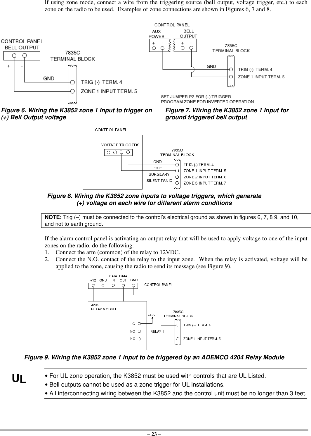 – 23 –If using zone mode, connect a wire from the triggering source (bell output, voltage trigger, etc.) to eachzone on the radio to be used.  Examples of zone connections are shown in Figures 6, 7 and 8.Figure 6. Wiring the K3852 zone 1 Input to trigger on  Figure 7. Wiring the K3852 zone 1 Input for(+) Bell Output voltage  ground triggered bell outputFigure 8. Wiring the K3852 zone inputs to voltage triggers, which generate(+) voltage on each wire for different alarm conditionsNOTE: Trig (–) must be connected to the control’s electrical ground as shown in figures 6, 7, 8 9, and 10,and not to earth ground.If the alarm control panel is activating an output relay that will be used to apply voltage to one of the inputzones on the radio, do the following:1. Connect the arm (common) of the relay to 12VDC.2. Connect the N.O. contact of the relay to the input zone.  When the relay is activated, voltage will beapplied to the zone, causing the radio to send its message (see Figure 9).Figure 9. Wiring the K3852 zone 1 input to be triggered by an ADEMCO 4204 Relay ModuleUL• For UL zone operation, the K3852 must be used with controls that are UL Listed.• Bell outputs cannot be used as a zone trigger for UL installations.• All interconnecting wiring between the K3852 and the control unit must be no longer than 3 feet.