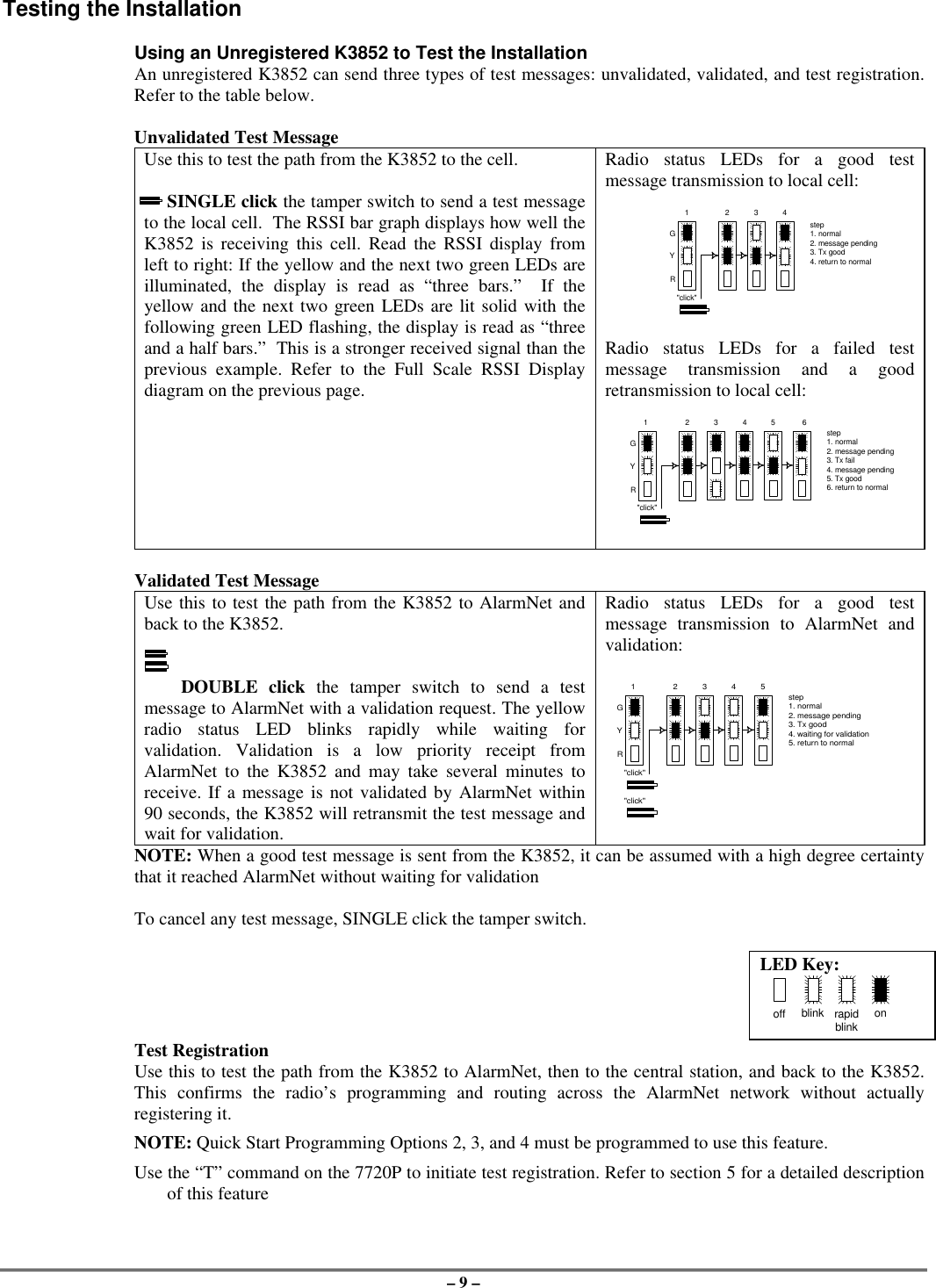 – 9 –Testing the InstallationUsing an Unregistered K3852 to Test the InstallationAn unregistered K3852 can send three types of test messages: unvalidated, validated, and test registration.Refer to the table below.Unvalidated Test MessageUse this to test the path from the K3852 to the cell.     SINGLE click the tamper switch to send a test messageto the local cell.  The RSSI bar graph displays how well theK3852 is receiving this cell. Read the RSSI display fromleft to right: If the yellow and the next two green LEDs areilluminated, the display is read as “three bars.”  If theyellow and the next two green LEDs are lit solid with thefollowing green LED flashing, the display is read as “threeand a half bars.”  This is a stronger received signal than theprevious example. Refer to the Full Scale RSSI Displaydiagram on the previous page.Radio status LEDs for a good testmessage transmission to local cell:Radio status LEDs for a failed testmessage transmission and a goodretransmission to local cell:Validated Test MessageUse this to test the path from the K3852 to AlarmNet andback to the K3852.        DOUBLE click the tamper switch to send a testmessage to AlarmNet with a validation request. The yellowradio status LED blinks rapidly while waiting forvalidation. Validation is a low priority receipt fromAlarmNet to the K3852 and may take several minutes toreceive. If a message is not validated by AlarmNet within90 seconds, the K3852 will retransmit the test message andwait for validation.Radio status LEDs for a good testmessage transmission to AlarmNet andvalidation:NOTE: When a good test message is sent from the K3852, it can be assumed with a high degree certaintythat it reached AlarmNet without waiting for validationTo cancel any test message, SINGLE click the tamper switch.LED Key:off blink rapidblinkonTest RegistrationUse this to test the path from the K3852 to AlarmNet, then to the central station, and back to the K3852.This confirms the radio’s programming and routing across the AlarmNet network without actuallyregistering it.NOTE: Quick Start Programming Options 2, 3, and 4 must be programmed to use this feature.Use the “T” command on the 7720P to initiate test registration. Refer to section 5 for a detailed descriptionof this feature&quot;click&quot;GYR1 2 3 4step1. normal2. message pending3. Tx good4. return to normal&quot;click&quot;GYR234step1. normal2. message pending3. Tx fail4. message pending5. Tx good6. return to normal1 5 6&quot;click&quot;GYR1 2 3 4step1. normal2. message pending3. Tx good4. waiting for validation5. return to normal&quot;click&quot;5