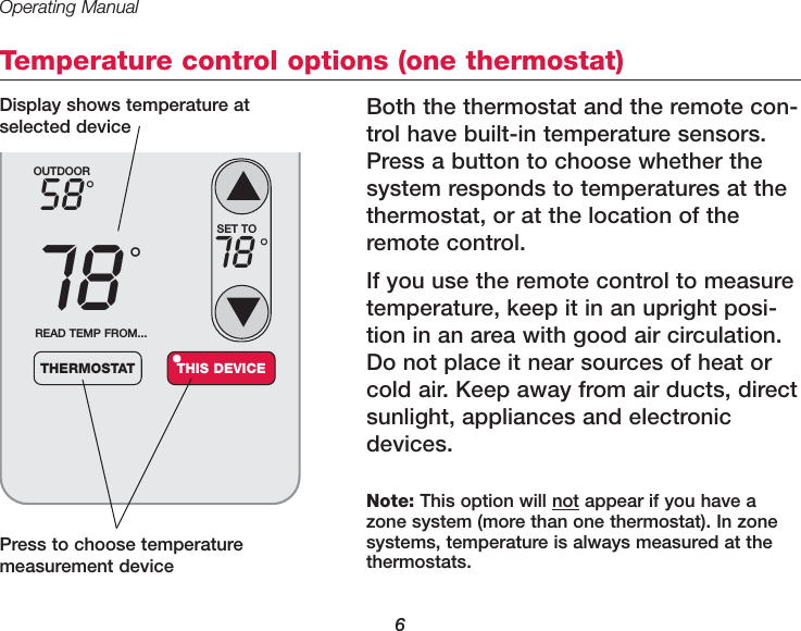Operating Manual6Temperature control options (one thermostat)Both the thermostat and the remote con-trol have built-in temperature sensors.Press a button to choose whether thesystem responds to temperatures at thethermostat, or at the location of theremote control. If you use the remote control to measuretemperature, keep it in an upright posi-tion in an area with good air circulation.Do not place it near sources of heat orcold air. Keep away from air ducts, directsunlight, appliances and electronicdevices.Press to choose temperaturemeasurement deviceOUTDOOR5878°°READ TEMP FROM...THERMOSTAT THIS DEVICE•SET TO78 °Note: This option will not appear if you have azone system (more than one thermostat). In zonesystems, temperature is always measured at thethermostats.Display shows temperature atselected device