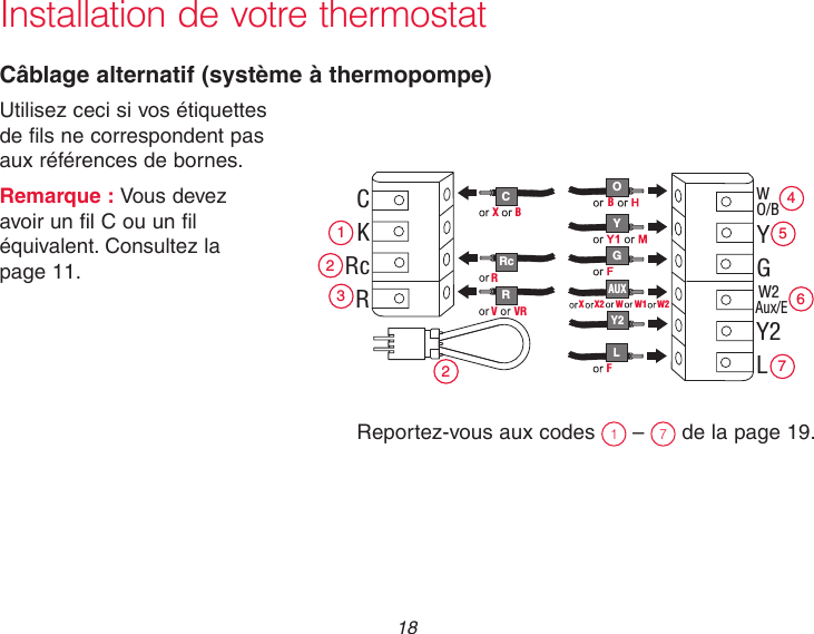  18 Installation de votre thermostatCâblage alternatif (système à thermopompe)Utilisez ceci si vos étiquettes  de fils ne correspondent pas   aux références de bornes.Remarque : Vous devez   avoir un fil C ou un fil   équivalent. Consultez la   page 11.Reportez-vous aux codes  1 –  7 de la page 19. C R O Y G 3 1 C K Rc R W  O/B Y G W2  Aux/E Y2 L 4 5 6 AUX X  X2 Y2 2 B 7 X  B Rc R V  VR 2 L F W  W1  W2 