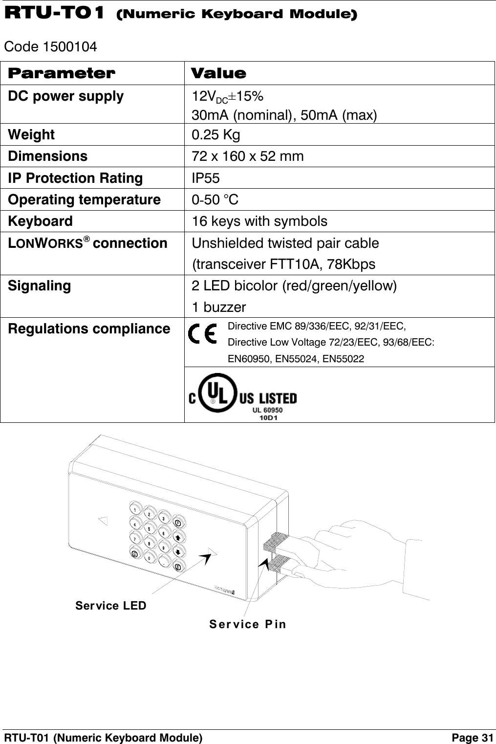 RTU-T01 (Numeric Keyboard Module)  Page 31 RTU-T01 (Numeric Keyboard Module) Code 1500104 Parameter Value DC power supply 12VDC±15% 30mA (nominal), 50mA (max) Weight 0.25 Kg Dimensions  72 x 160 x 52 mm IP Protection Rating IP55 Operating temperature 0-50 °C Keyboard  16 keys with symbols LONWORKS® connection  Unshielded twisted pair cable (transceiver FTT10A, 78Kbps Signaling  2 LED bicolor (red/green/yellow) 1 buzzer Regulations compliance  Directive EMC 89/336/EEC, 92/31/EEC, Directive Low Voltage 72/23/EEC, 93/68/EEC: EN60950, EN55024, EN55022      Ser vice LEDService Pin  