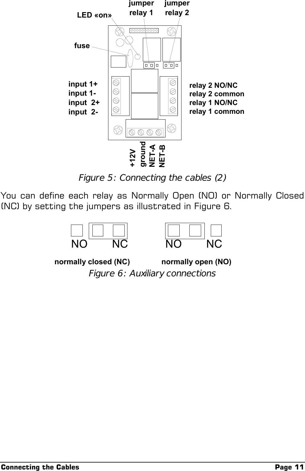 Connecting the Cables Page 11relay 1 commonrelay 1 NO/NCrelay 2 commonrelay 2 NO/NCinput 1+input 1-input  2+input  2-+12VgroundNET-ANET-BLED «on»fusejumper relay 1jumper relay 2Figure 5: Connecting the cables (2)You can define each relay as Normally Open (NO) or Normally Closed(NC) by setting the jumpers as illustrated in Figure 6.NO        NC NO        NCnormally closed (NC) normally open (NO)Figure 6: Auxiliary connections