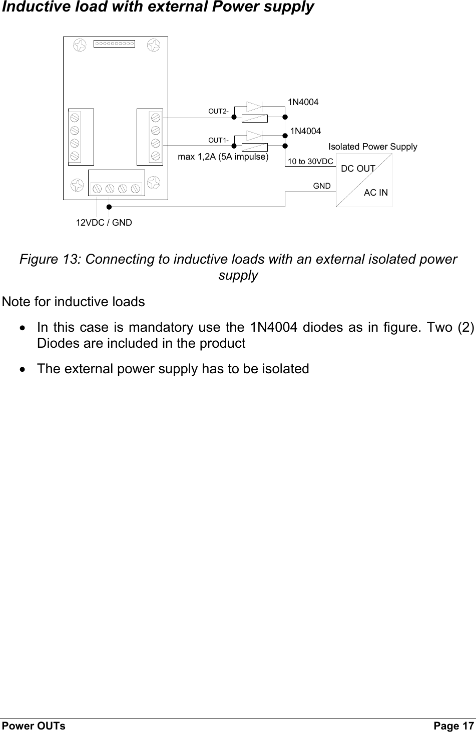 Power OUTs  Page 17 Inductive load with external Power supply AC INDC OUTOUT1-max 1,2A (5A impulse)1N400412VDC / GND10 to 30VDCOUT2-1N4004GNDIsolated Power Supply Figure 13: Connecting to inductive loads with an external isolated power supply  Note for inductive loads •  In this case is mandatory use the 1N4004 diodes as in figure. Two (2) Diodes are included in the product •  The external power supply has to be isolated  