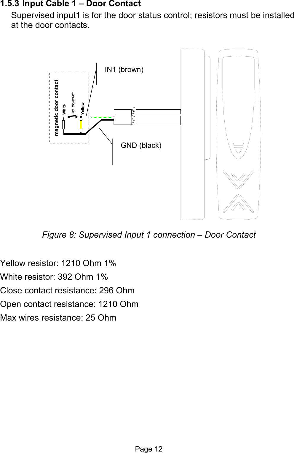  1.5.3 Input Cable 1 – Door Contact Supervised input1 is for the door status control; resistors must be installed at the door contacts.  WhiteYellowmagnetic door contactNC  CONTACT Figure 8: Supervised Input 1 connection – Door Contact IN1 (brown) GND (black)  Yellow resistor: 1210 Ohm 1% White resistor: 392 Ohm 1% Close contact resistance: 296 Ohm Open contact resistance: 1210 Ohm Max wires resistance: 25 Ohm    Page 12 