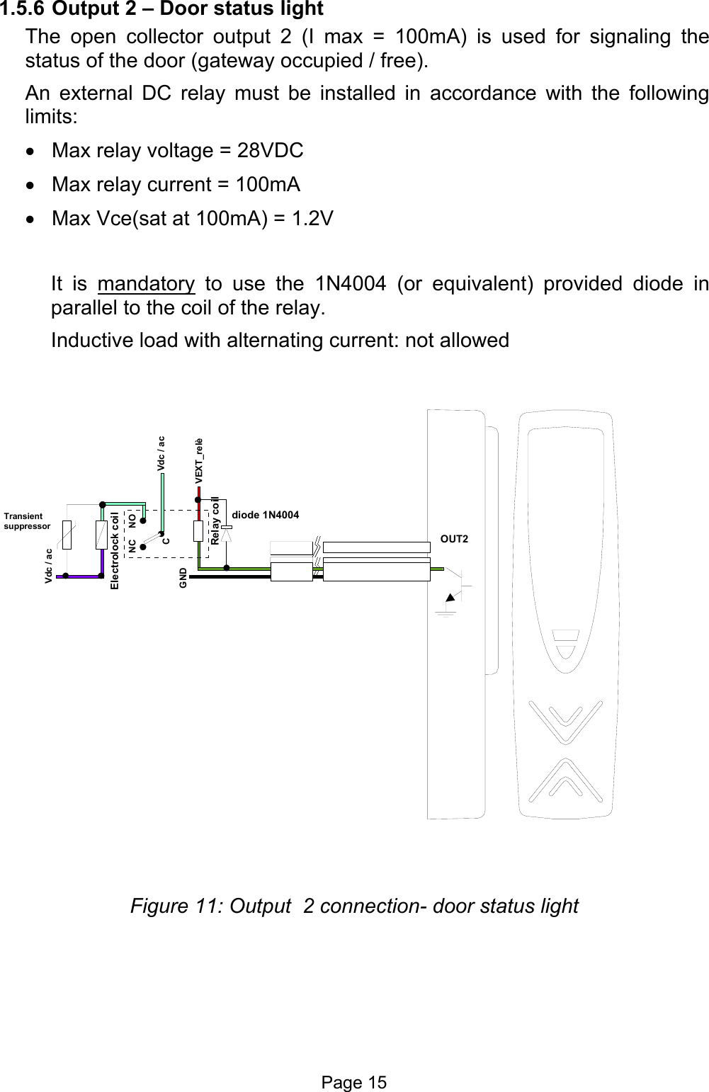  1.5.6 Output 2 – Door status light The open collector output 2 (I max = 100mA) is used for signaling the status of the door (gateway occupied / free). An external DC relay must be installed in accordance with the following limits:  •  Max relay voltage = 28VDC •  Max relay current = 100mA •  Max Vce(sat at 100mA) = 1.2V  It is mandatory to use the 1N4004 (or equivalent) provided diode in parallel to the coil of the relay. Inductive load with alternating current: not allowed VEXT_relèGNDRelay coildiode 1N4004OUT2Transient suppressorVdc / acVdc / acCNC NOElectrolock coil  Figure 11: Output  2 connection- door status light Page 15 