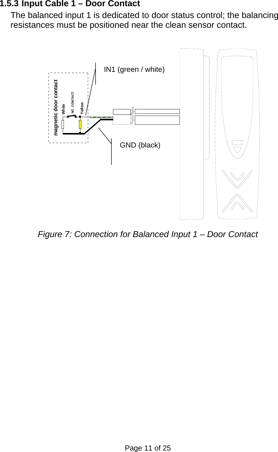 1.5.3 Input Cable 1 – Door Contact The balanced input 1 is dedicated to door status control; the balancing resistances must be positioned near the clean sensor contact. WhiteYellowmagnetic door contactNC  CONTACT Figure 7: Connection for Balanced Input 1 – Door Contact GND (black) IN1 (green / white)    Page 11 of 25 