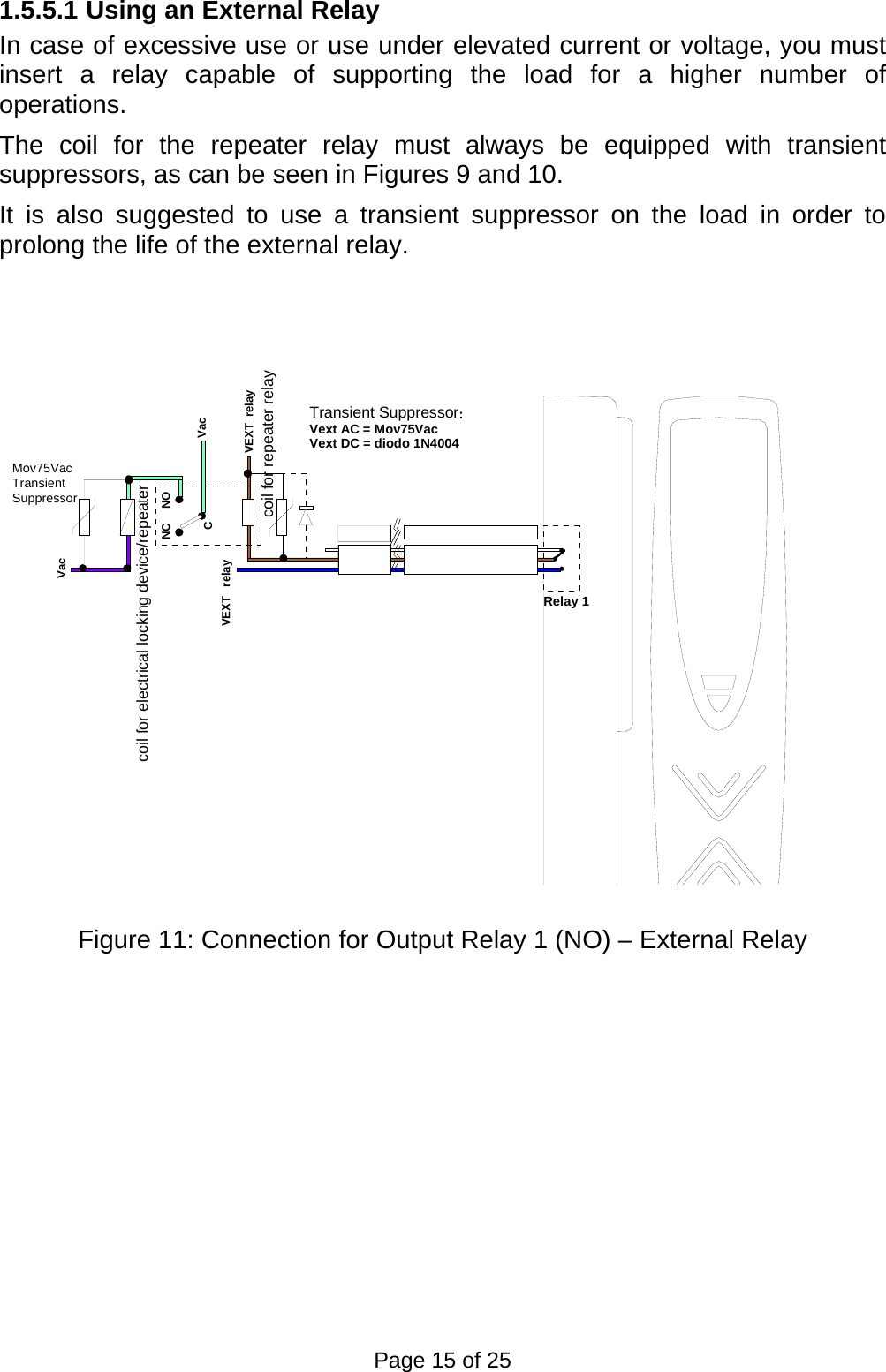 1.5.5.1  Using an External Relay In case of excessive use or use under elevated current or voltage, you must insert a relay capable of supporting the load for a higher number of operations. The coil for the repeater relay must always be equipped with transient suppressors, as can be seen in Figures 9 and 10. It is also suggested to use a transient suppressor on the load in order to prolong the life of the external relay.  VEXT_relayVEXT _relaycoil for repeater relayTransient Suppressor:Vext AC = Mov75Vac Vext DC = diodo 1N4004Relay 1Mov75Vac Transient SuppressorVacVacCNC NOcoil for electrical locking device/repeater  Figure 11: Connection for Output Relay 1 (NO) – External Relay   Page 15 of 25 