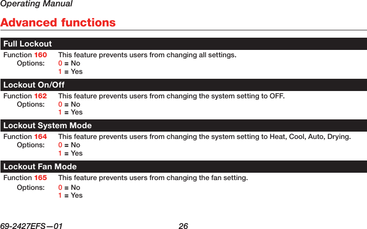 Operating Manual69-2427EFS—01  26 Advanced functionsFull LockoutFunction 160 This feature prevents users from changing all settings.Options: 0 = No 1 = YesLockout On/OffFunction 162 This feature prevents users from changing the system setting to OFF. Options: 0 = No 1 = YesLockout System ModeFunction 164 This feature prevents users from changing the system setting to Heat, Cool, Auto, Drying. Options: 0 = No 1 = YesLockout Fan ModeFunction 165 This feature prevents users from changing the fan setting. Options: 0 = No 1 = Yes