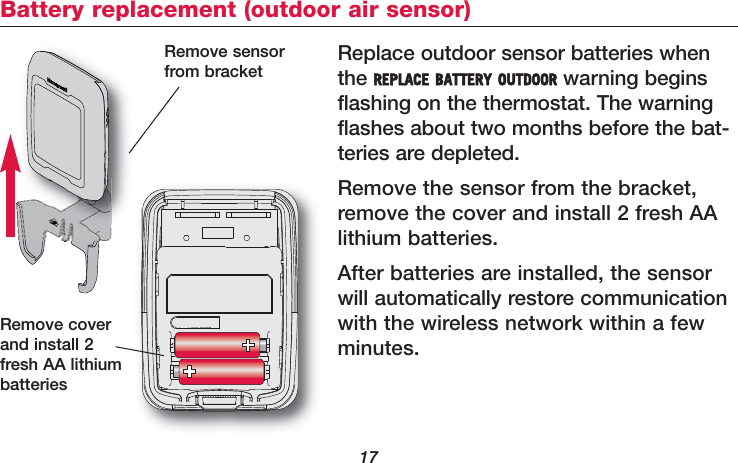 17Replace outdoor sensor batteries whenthe REPLACE BATTERY OUTDOOR warning beginsflashing on the thermostat. The warningflashes about two months before the bat-teries are depleted.Remove the sensor from the bracket,remove the cover and install 2 fresh AAlithium batteries. After batteries are installed, the sensorwill automatically restore communicationwith the wireless network within a fewminutes.Remove coverand install 2fresh AA lithiumbatteriesBattery replacement (outdoor air sensor)Remove sensorfrom bracket