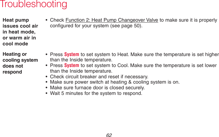 69-2718EF—01 62TroubleshootingHeat pump issues cool air in heat mode, or warm air in cool mode• CheckFunction 2: Heat Pump Changeover Valve to make sure it is properly configured for your system (see page 50).Heating or cooling system does not respond• PressSystem to set system to Heat. Make sure the temperature is set higher than the Inside temperature.• PressSystem to set system to Cool. Make sure the temperature is set lower than the Inside temperature.• Checkcircuitbreakerandresetifnecessary.• Makesurepowerswitchatheating&amp;coolingsystemison.• Makesurefurnacedoorisclosedsecurely.• Wait5minutesforthesystemtorespond.