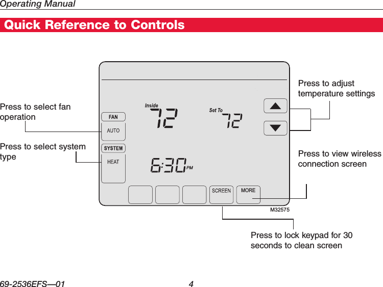 Operating Manual69-2536EFS—01 4Home Energy Manager FeaturesQuick Reference to ControlsM32575PMMORE Press to select fan operation Press to select system type     Press to adjust temperature settingsPress to view wireless connection screenPress to lock keypad for 30 seconds to clean screen