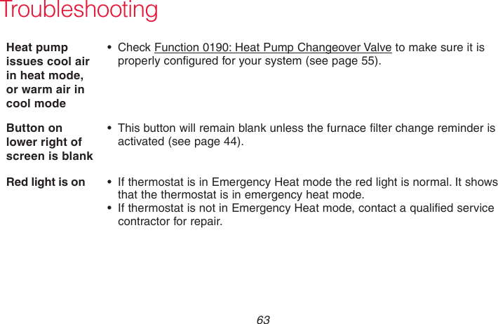  63 69-2715EF—01TroubleshootingHeat pump issues cool air in heat mode, or warm air in cool mode• CheckFunction 0190: Heat Pump Changeover Valve to make sure it is properly configured for your system (see page 55).Button on lower right of screen is blank• Thisbuttonwillremainblankunlessthefurnacefilterchangereminderisactivated (see page 44).Red light is on • IfthermostatisinEmergencyHeatmodetheredlightisnormal.Itshowsthat the thermostat is in emergency heat mode.• IfthermostatisnotinEmergencyHeatmode,contactaqualifiedservicecontractor for repair.
