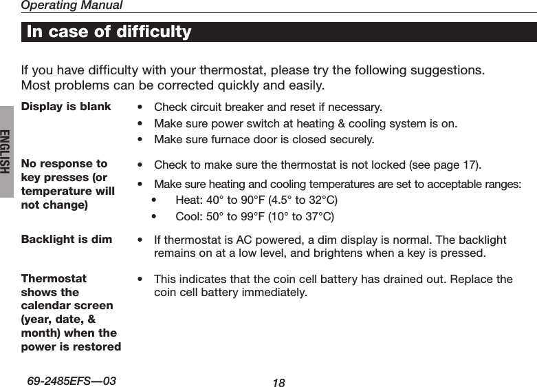 Operating Manual1869-2485EFS—03ENGLISHIf you have difficulty with your thermostat, please try the following suggestions.  Most problems can be corrected quickly and easily.Display is blank  • Checkcircuitbreakerandresetifnecessary.• Makesurepowerswitchatheating&amp;coolingsystemison.• Makesurefurnacedoorisclosedsecurely.No response to key presses (or temperature will not change)• Checktomakesurethethermostatisnotlocked(seepage17).• Makesureheatingandcoolingtemperaturesaresettoacceptableranges:• Heat:40°to90°F(4.5°to32°C)• Cool:50°to99°F(10°to37°C)Backlight is dim • IfthermostatisACpowered,adimdisplayisnormal.Thebacklightremains on at a low level, and brightens when a key is pressed.Thermostat shows the calendar screen (year, date, &amp; month) when the power is restored• Thisindicatesthatthecoincellbatteryhasdrainedout.Replacethecoin cell battery immediately.In case of difficulty