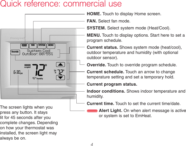  4 33-00066EFS—03Quick reference: commercial useHOME. Touch to display Home screen.FAN. Select fan mode.SYSTEM. Select system mode (Heat/Cool).MENU. Touch to display options. Start here to set a program schedule.Current status. Shows system mode (heat/cool), outdoor temperature and humidity (with optional outdoor sensor).Override. Touch to override program schedule.Current schedule. Touch an arrow to change temperature setting and set a temporary hold.Current program status.Indoor conditions. Shows indoor temperature and humidity.Current time. Touch to set the current time/date. Alert Light. On when alert message is active or system is set to EmHeat.The screen lights when you press any button. It stays lit for 45 seconds after you complete changes. Depending on how your thermostat was installed, the screen light may always be on.