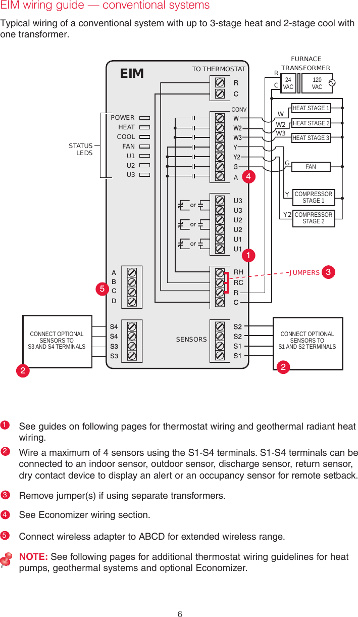 6Typical wiring of a conventional system with up to 3-stage heat and 2-stage cool with one transformer.NOTE: See following pages for additional thermostat wiring guidelines for heat pumps, geothermal systems and optional Economizer.See guides on following pages for thermostat wiring and geothermal radiant heat wiring.Wire a maximum of 4 sensors using the S1-S4 terminals. S1-S4 terminals can be connected to an indoor sensor, outdoor sensor, discharge sensor, return sensor, dry contact device to display an alert or an occupancy sensor for remote setback.Remove jumper(s) if using separate transformers.See Economizer wiring section.HEAT STAGE 1HEAT STAGE 2HEAT STAGE 3FANTO THERMOSTATSTATUSLEDSJUMPERSSENSORSCONVFURNACERCWW2W3GY2YTRANSFORMER120VAC24VACCOMPRESSORSTAGE 1COMPRESSORSTAGE 2POWERHEATCOOLFANU1U2U3 ACONNECT OPTIONALSENSORS TOS1 AND S2 TERMINALSS4S4S3S3CONNECT OPTIONALSENSORS TOS3 AND S4 TERMINALSABCDEIM231425EIM wiring guide — conventional systems1234Connect wireless adapter to ABCD for extended wireless range.5