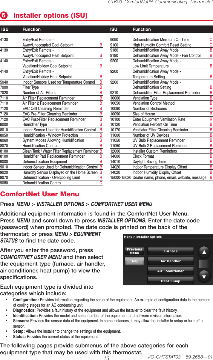 CTK03 ComfortNet™ Communicating Thermostat13 I/O-CHTSTAT03  69-2688—01ComfortNet User Menu PressMENU &gt; INSTALLER OPTIONS &gt; COMFORTNET USER MENUAdditionalequipmentinformationisfoundintheComfortNetUserMenu.PressMENUandscrolldowntopressINSTALLER OPTIONS.Enterthedatecode(password)whenprompted.Thedatecodeisprintedonthebackofthethermostat;orpressMENU &gt; EQUIPMENT STATUS to find the date code.Afteryouenterthepassword,pressCOMFORTNET USER MENU and then select theequipmenttype(furnace,airhandler,airconditioner,heatpump)toviewthespecifications. Eachequipmenttypeisdividedintocategorieswhichinclude:4130  Entry/Exit Remote -  Away/UnoccupiedCoolSetpoint B4130  Entry/Exit Remote -  Away/UnoccupiedHeatSetpoint B4140  Entry/Exit Remote -  Vacation/Holiday Cool Setpoint  B4140  Entry/Exit Remote -  Vacation/Holiday Heat Setpoint  B5040 IndoorSensorsUsedforTemperatureControl B7000  Filter Type  B7020  Number of Air Filters  B7110  Air Filter Replacement Reminder  B7110  Air Filter 2 Replacement Reminder  B7120  EAC Cell Cleaning Reminder  B7120  EAC Pre-Filter Cleaning Reminder  B7120  EAC Post-Filter Replacement Reminder  B8000  Humidifier Type  B8010 IndoorSensorUsedforHumidificationControl B8050  Humidification - Window Protection  B8060  System Modes Allowing Humidification  B8070  Humidification Control  B8100  Clean Tank / Water Filter Replacement Reminder B8100  Humidifier Pad Replacement Reminder  B9000  Dehumidification Equipment  B9010 IndoorSensorUsedforDehumidificationControl B9020  Humidity Sensor Displayed on the Home Screen  B9070  Dehumidification - Overcooling Limit  R9080  Dehumidification Control  C9090  Dehumidification Minimum On Time  C9100  High Humidity Comfort Reset Setting  C9180  Dehumidification Away Mode  B9190  Dehumidification Away Mode - Fan Control  B9200  Dehumidification Away Mode -  Low Limit Temperature  B9200  Dehumidification Away Mode -  Temperature Setting  B9200  Dehumidification Away Mode -  Dehumidification Setting  B9210  Dehumidifier Filter Replacement Reminder  B10000  Ventilation Type  B10050  Ventilation Control Method  B10090 NumberofBedrooms R10090  Size of House  R10100  Enter Equipment Ventilation Rate  R10120  Ventilation Percent On Time  B10170  Ventilator Filter Cleaning Reminder  B11000 NumberofUVDevices B11050 UVBulbReplacementReminder B11050 UVBulb2ReplacementReminder B12000  Installer Custom Reminders  B14000  Clock Format  B14010  Daylight Saving Time  B14020  Indoor Temperature Display Offset  B14020  Indoor Humidity Display Offset  B15000-15020 Dealer name, phone, email, website, message  BInstaller options (ISU)6 ISU  Function  ISU  Function• Configuration: Provides information regarding the setup of the equipment. An example of configuration data is the number of cooling stages for an AC condensing unit.• Diagnostics: Provides a fault history of the equipment and allows the installer to clear the fault history.• Identification: Provides the model and serial number of the equipment and software revision information.• Sensors: Provides the sensor data of the equipment. In some instances, it may allow the installer to setup or turn off a sensor.• Setup: Allows the installer to change the settings of the equipment.• Status: Provides the current status of the equipment.Thefollowingpagesprovidesubmenusoftheabovecategoriesforeachequipmenttypethatmaybeusedwiththisthermostat.