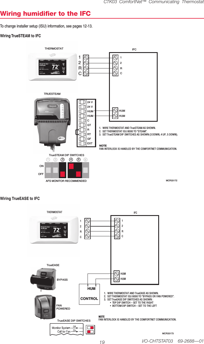 CTK03 ComfortNet™ Communicating Thermostat19 I/O-CHTSTAT03  69-2688—01Wiring humidifier to the IFCWiring TrueEASE to IFCWiring TrueSTEAM to IFCTochangeinstallersetup(ISU)information,seepages12-13.IFC12RCTHERMOSTAT12RCHUMHUM1.  WIRE THERMOSTAT AND TrueSTEAM AS SHOWN.2.  SET THERMOSTAT ISU 8000 TO “STEAM”.3.  SET TrueSTEAM DIP SWITCHES AS SHOWN (3 DOWN, 4 UP, 5 DOWN).NOTEFAN INTERLOCK IS HANDLED BY THE COMFORTNET COMMUNICATION.TrueSTEAM DIP SWITCHESTRUESTEAMMCR3317224 V24 VHUMHUMCGTRRTGFEXT65432ONOFF1AFS MONITOR RECOMMENDEDIFC12RCTHERMOSTAT12RCHUMHUM1.  WIRE THERMOSTAT AND TrueEASE AS SHOWN.2.  SET THERMOSTAT ISU 8000 TO “BYPASS OR FAN POWERED”.3.  SET TrueEASE DIP SWITCHES AS SHOWN :         •  TOP DIP SWITCH – SET TO THE RIGHT         •  BOTTOM DIP SWITCH – SET TO THE LEFT  NOTEFAN INTERLOCK IS HANDLED BY THE COMFORTNET COMMUNICATION.MCR33173TrueEASE DIP SWITCHESBYPASSHUMCONTROLFANPOWEREDTrueEASE