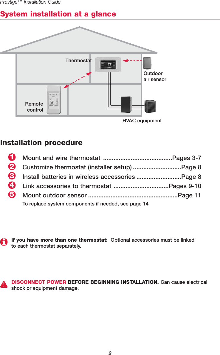 Prestige™ Installation Guide2System installation at a glanceThermostatOutdoorair sensorRemotecontrolInstallation procedureMount and wire thermostat ........................................Pages 3-7Customize thermostat (installer setup) ............................Page 8Install batteries in wireless accessories ..........................Page 8Link accessories to thermostat ................................Pages 9-10Mount outdoor sensor ....................................................Page 11To replace system components if needed, see page 1425431DISCONNECT POWER BEFORE BEGINNING INSTALLATION. Can cause electricalshock or equipment damage. HVAC equipmentIf you have more than one thermostat: Optional accessories must be linked to each thermostat separately.