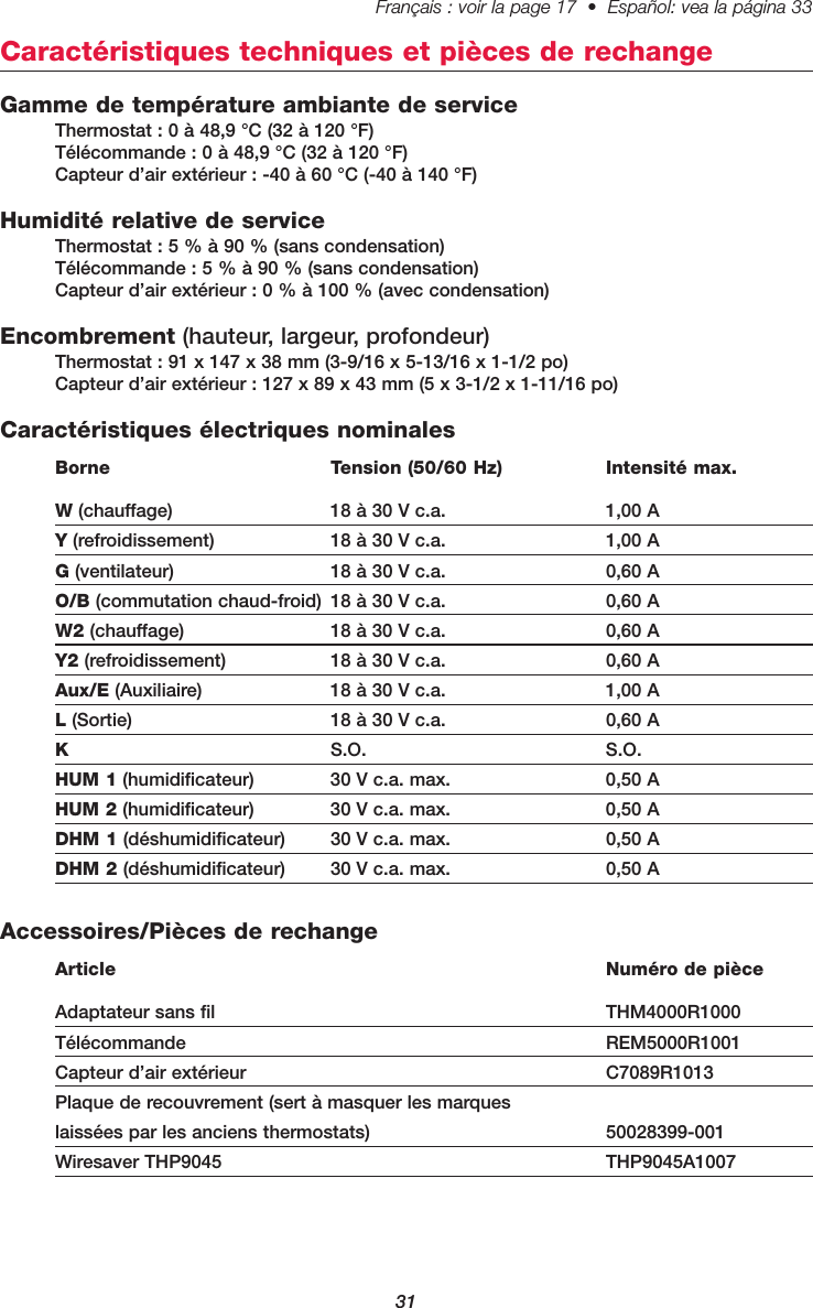 Français : voir la page 17  •  Español: vea la página 33   31Caractéristiques techniques et pièces de rechangeGamme de température ambiante de serviceThermostat : 0 à 48,9 °C (32 à 120 °F)Télécommande : 0 à 48,9 °C (32 à 120 °F)Capteur d’air extérieur : -40 à 60 °C (-40 à 140 °F)Humidité relative de serviceThermostat : 5 % à 90 % (sans condensation)Télécommande : 5 % à 90 % (sans condensation)Capteur d’air extérieur : 0 % à 100 % (avec condensation)Encombrement (hauteur, largeur, profondeur)Thermostat : 91 x 147 x 38 mm (3-9/16 x 5-13/16 x 1-1/2 po)Capteur d’air extérieur : 127 x 89 x 43 mm (5 x 3-1/2 x 1-11/16 po)Caractéristiques électriques nominalesBorne Tension (50/60 Hz)  Intensité max.W(chauffage) 18 à 30 V c.a.  1,00 AY(refroidissement) 18 à 30 V c.a.  1,00 AG(ventilateur) 18 à 30 V c.a.  0,60 AO/B (commutation chaud-froid) 18 à 30 V c.a.  0,60 AW2 (chauffage) 18 à 30 V c.a.  0,60 AY2 (refroidissement) 18 à 30 V c.a.  0,60 AAux/E (Auxiliaire) 18 à 30 V c.a.  1,00 AL(Sortie) 18 à 30 V c.a.  0,60 AKS.O. S.O. HUM 1 (humidificateur) 30 V c.a. max. 0,50 AHUM 2 (humidificateur) 30 V c.a. max. 0,50 ADHM 1 (déshumidificateur) 30 V c.a. max. 0,50 ADHM 2 (déshumidificateur) 30 V c.a. max. 0,50 AAccessoires/Pièces de rechangeArticle Numéro de pièceAdaptateur sans fil  THM4000R1000Télécommande REM5000R1001Capteur d’air extérieur  C7089R1013Plaque de recouvrement (sert à masquer les marques laissées par les anciens thermostats)  50028399-001Wiresaver THP9045 THP9045A1007