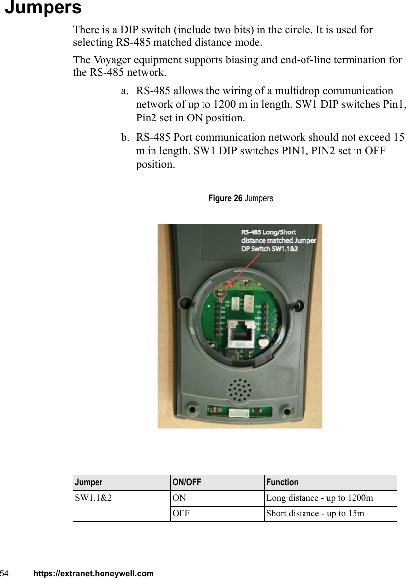 54 https://extranet.honeywell.com JumpersThere is a DIP switch (include two bits) in the circle. It is used for selecting RS-485 matched distance mode.The Voyager equipment supports biasing and end-of-line termination for the RS-485 network. a. RS-485 allows the wiring of a multidrop communication network of up to 1200 m in length. SW1 DIP switches Pin1, Pin2 set in ON position.b. RS-485 Port communication network should not exceed 15 m in length. SW1 DIP switches PIN1, PIN2 set in OFF position.Figure 26 JumpersJumper ON/OFF FunctionSW1.1&amp;2 ON Long distance - up to 1200mOFF Short distance - up to 15m