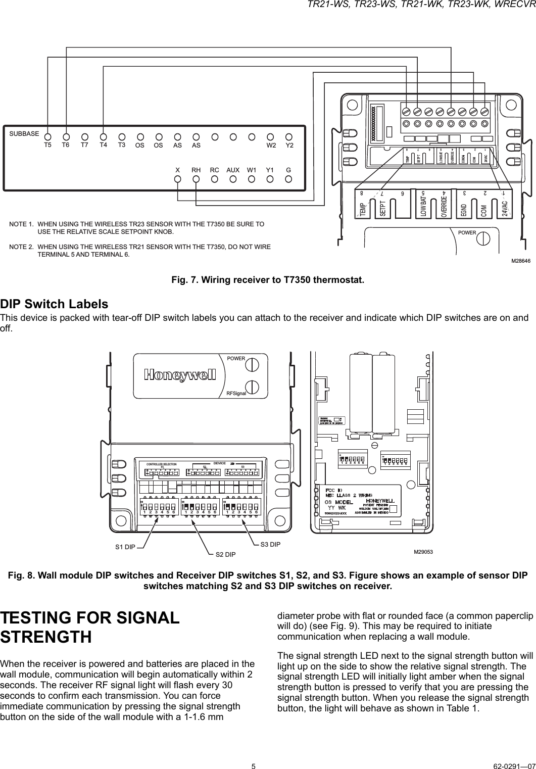 TR21-WS, TR23-WS, TR21-WK, TR23-WK, WRECVR562-0291—07Fig. 7. Wiring receiver to T7350 thermostat.DIP Switch LabelsThis device is packed with tear-off DIP switch labels you can attach to the receiver and indicate which DIP switches are on and off.Fig. 8. Wall module DIP switches and Receiver DIP switches S1, S2, and S3. Figure shows an example of sensor DIP switches matching S2 and S3 DIP switches on receiver.TESTING FOR SIGNAL STRENGTHWhen the receiver is powered and batteries are placed in the wall module, communication will begin automatically within 2 seconds. The receiver RF signal light will flash every 30 seconds to confirm each transmission. You can force immediate communication by pressing the signal strength button on the side of the wall module with a 1-1.6 mm diameter probe with flat or rounded face (a common paperclip will do) (see Fig. 9). This may be required to initiate communication when replacing a wall module.The signal strength LED next to the signal strength button will light up on the side to show the relative signal strength. The signal strength LED will initially light amber when the signal strength button is pressed to verify that you are pressing the signal strength button. When you release the signal strength button, the light will behave as shown in Table 1.M28646TEMPSETPTLOW BATOVERRIDECOM24VAC12345678POWEREGNDTEMPSETPTLOW BATOVERRIDECOM24VAC12345678EGNDEMACRCXSUBBASEW1 GY1W2 Y2AUXRHT5 T6 T7 T4 T3 OSOS ASASWHEN USING THE WIRELESS TR23 SENSOR WITH THE T7350 BE SURE TO USE THE RELATIVE SCALE SETPOINT KNOB.WHEN USING THE WIRELESS TR21 SENSOR WITH THE T7350, DO NOT WIRE TERMINAL 5 AND TERMINAL 6.NOTE 1.NOTE 2.S1 DIPS2 DIPS3 DIPM29053POWERRFSignalON ON ONCONTROLLER SELECTIONS1 S2 S3DEVICE1    2    3    4    5    6 1    2    3    4    5    61    2    3    4    5    61  2  3  4  5  61  2  3  4  5  61  2  3  4  5  6ONONONON1  2  3  4  5  6ON1  2  3  4  5  6