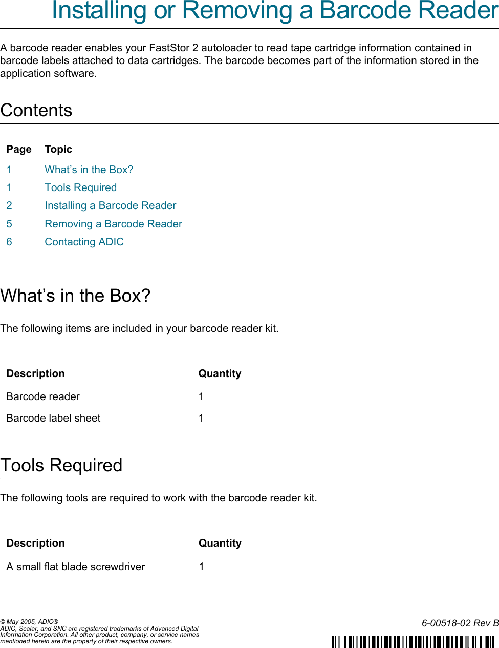 Page 1 of 6 - Adic Adic-Faststor-2-Users-Manual- ScalarDLC  Adic-faststor-2-users-manual