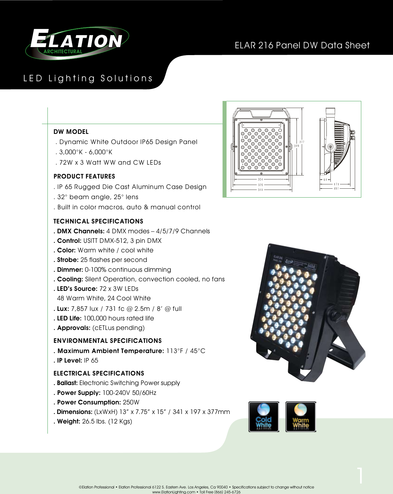 Page 1 of 2 - Adj Elar-216-Panel-Dw-Cutsheet User Manual