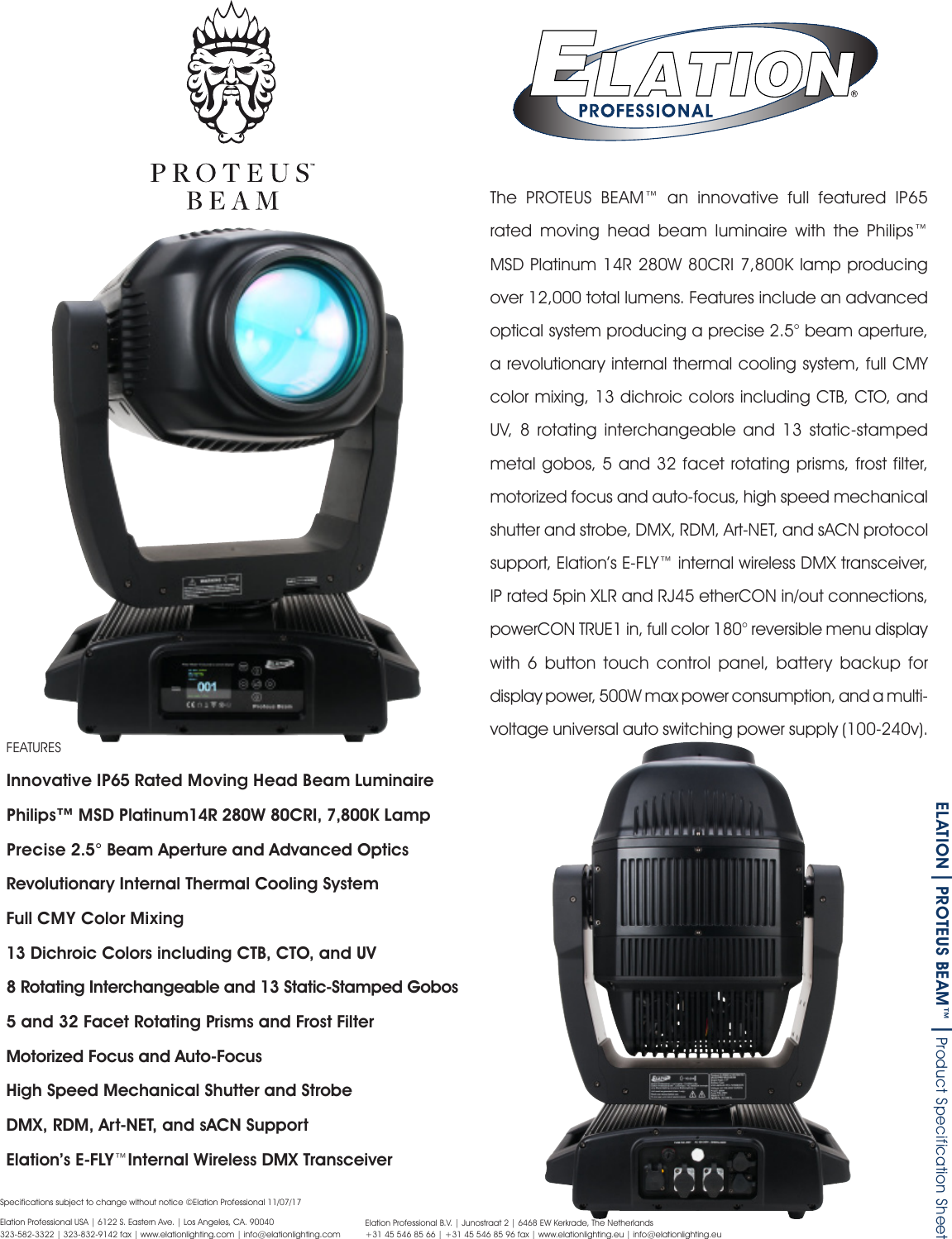 Adj Elation Proteus Beam Specification Sheet User Manual