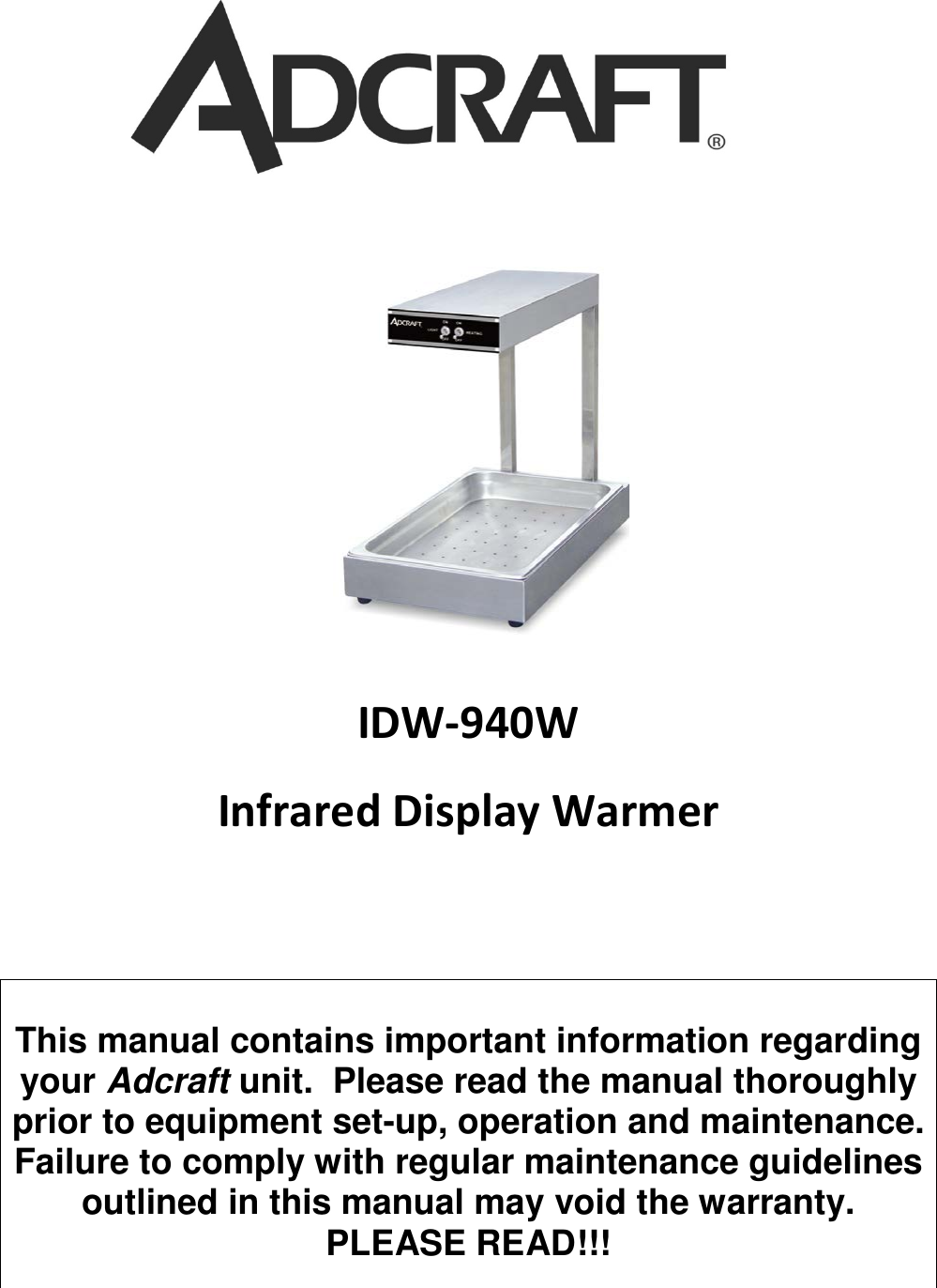 Page 1 of 6 - Admiral-Craft Admiral-Craft-Idw-940-Infrared-Display-Warmer-Owner-S-Manual