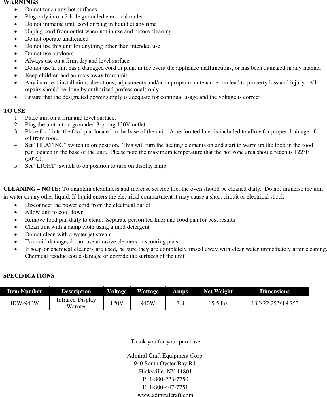 Page 2 of 6 - Admiral-Craft Admiral-Craft-Idw-940-Infrared-Display-Warmer-Owner-S-Manual