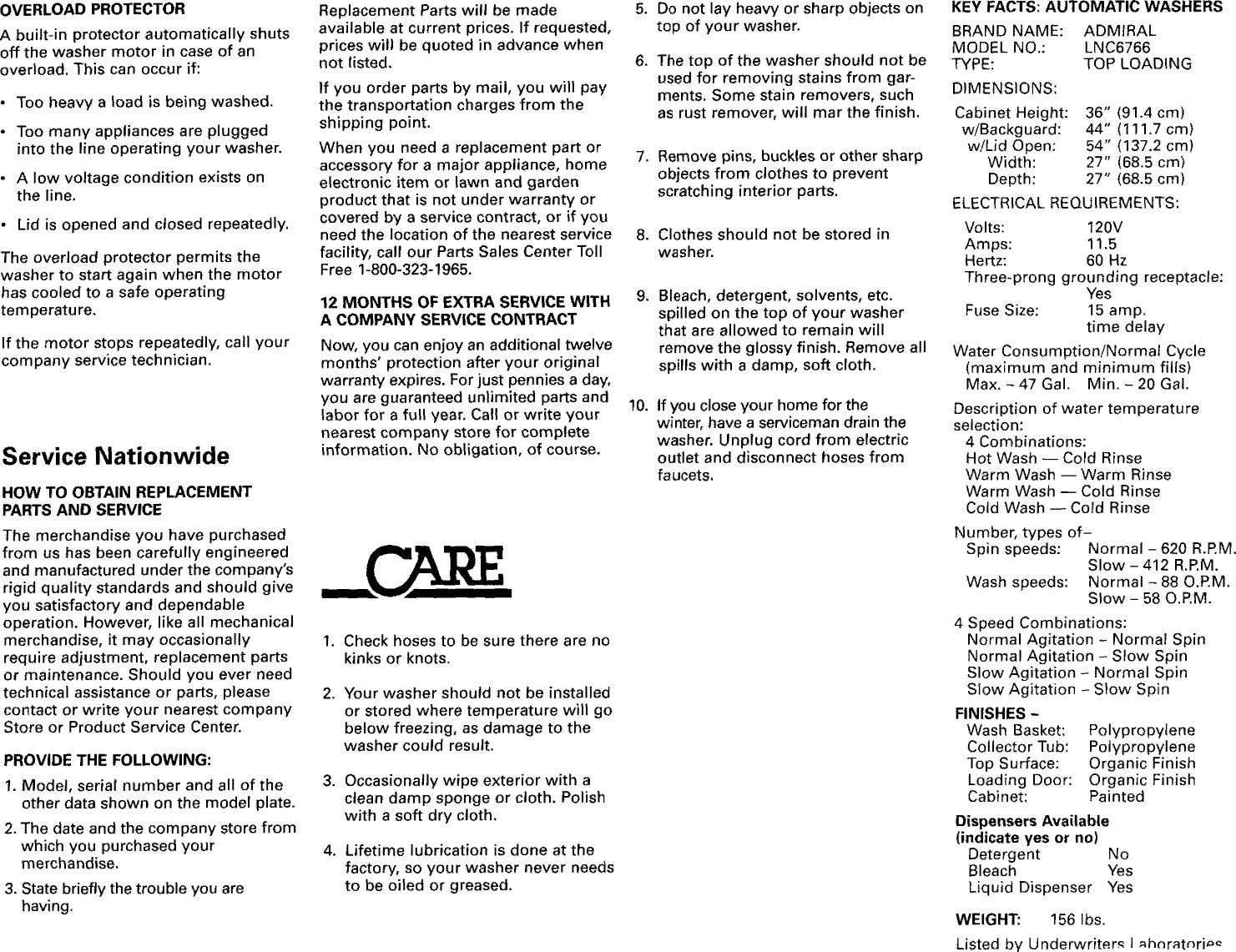 Page 3 of 6 - Admiral LNC6766A00 User Manual  LAUNDRY - Manuals And Guides L0811877