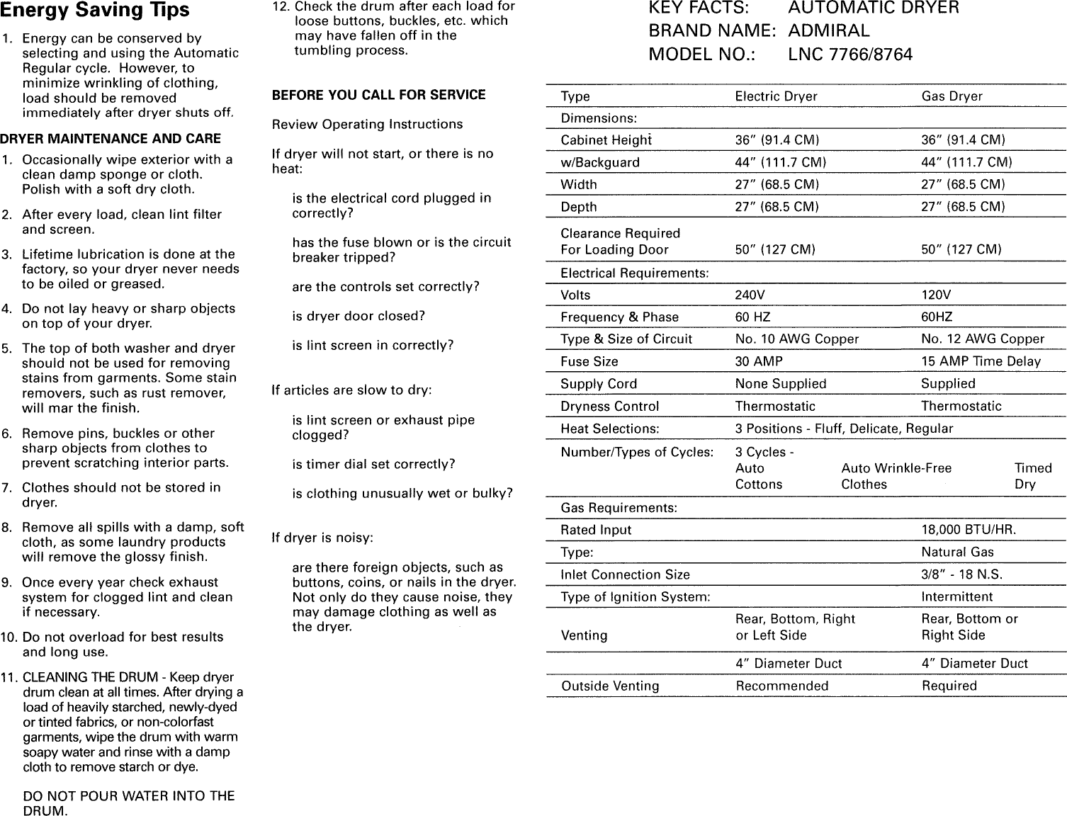 Page 3 of 4 - Admiral LNC7764A71 User Manual  DRYER - Manuals And Guides L0905177