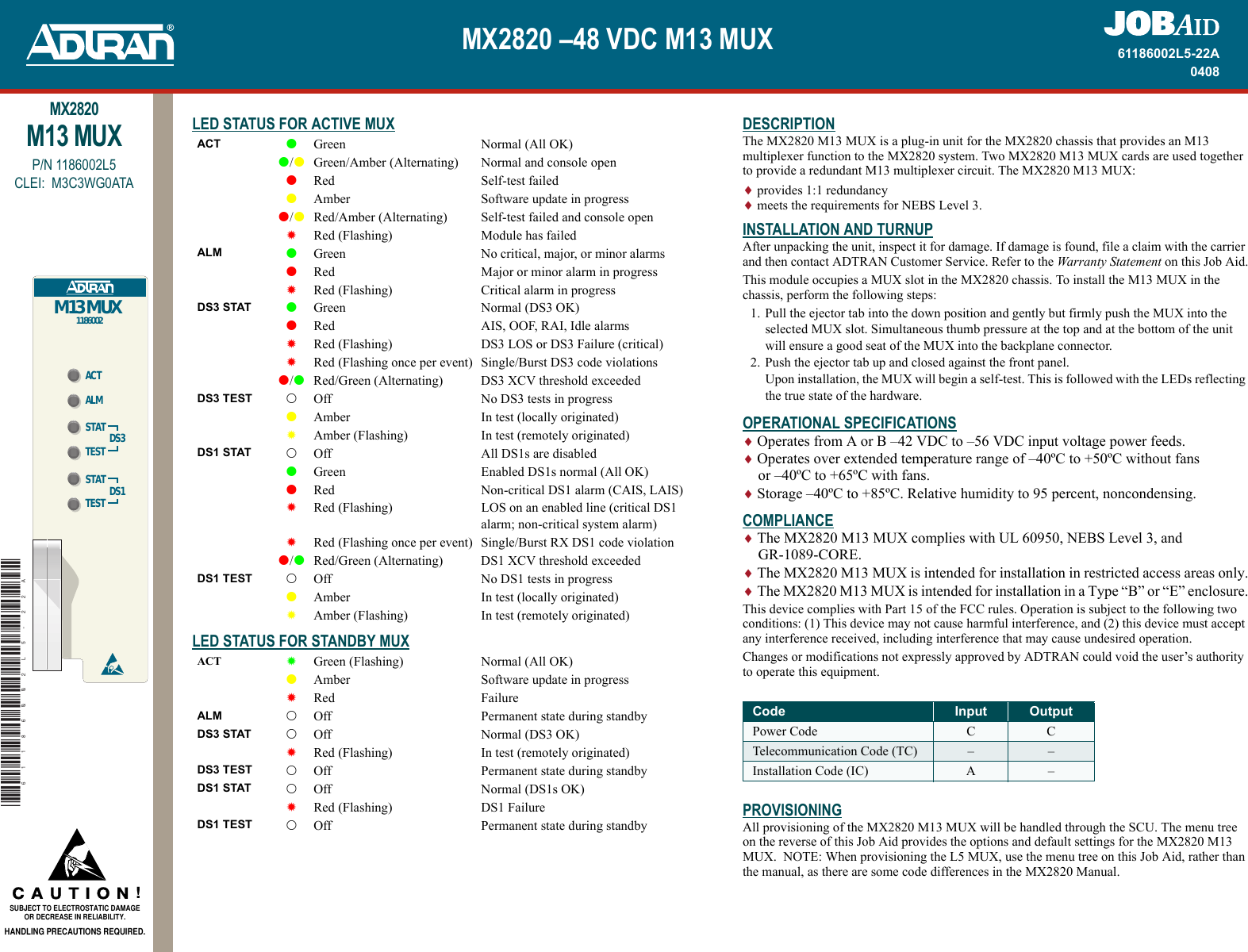 Page 1 of 2 - Adtran Adtran-Mx2820-48-Vdc-M13-Mux-Users-Manual-  Adtran-mx2820-48-vdc-m13-mux-users-manual