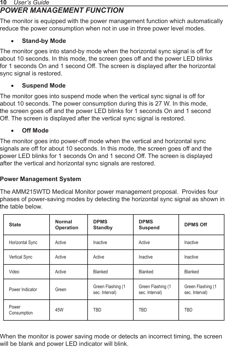 POWER MANAGEMENT FUNCTIONThe monitor is equipped with the power management function which automatically reduce the power consumption when not in use in three power level modes.• Stand-by ModeThe monitor goes into stand-by mode when the horizontal sync signal is off for about 10 seconds. In this mode, the screen goes off and the power LED blinks for 1 seconds On and 1 second Off. The screen is displayed after the horizontal sync signal is restored.• Suspend ModeThe monitor goes into suspend mode when the vertical sync signal is off for about 10 seconds. The power consumption during this is 27 W. In this mode, the screen goes off and the power LED blinks for 1 seconds On and 1 second Off. The screen is displayed after the vertical sync signal is restored.• Off ModeThe monitor goes into power-off mode when the vertical and horizontal sync signals are off for about 10 seconds. In this mode, the screen goes off and the power LED blinks for 1 seconds On and 1 second Off. The screen is displayed after the vertical and horizontal sync signals are restored.Power Management SystemThe AMM215WTD Medical Monitor power management proposal.  Provides four phases of power-saving modes by detecting the horizontal sync signal as shown in the table below.When the monitor is power saving mode or detects an incorrect timing, the screen will be blank and power LED indicator will blink.10    User’s GuideState Normal OperationDPMS StandbyDPMS Suspend DPMS OffHorizontal Sync Active Inactive Active InactiveVertical Sync Active Active Inactive InactiveVideo Active Blanked Blanked BlankedPower Indicator Green Green Flashing (1 sec. Interval)Green Flashing (1 sec. Interval)Green Flashing (1 sec. Interval)Power Consumption 45W TBD TBD TBD