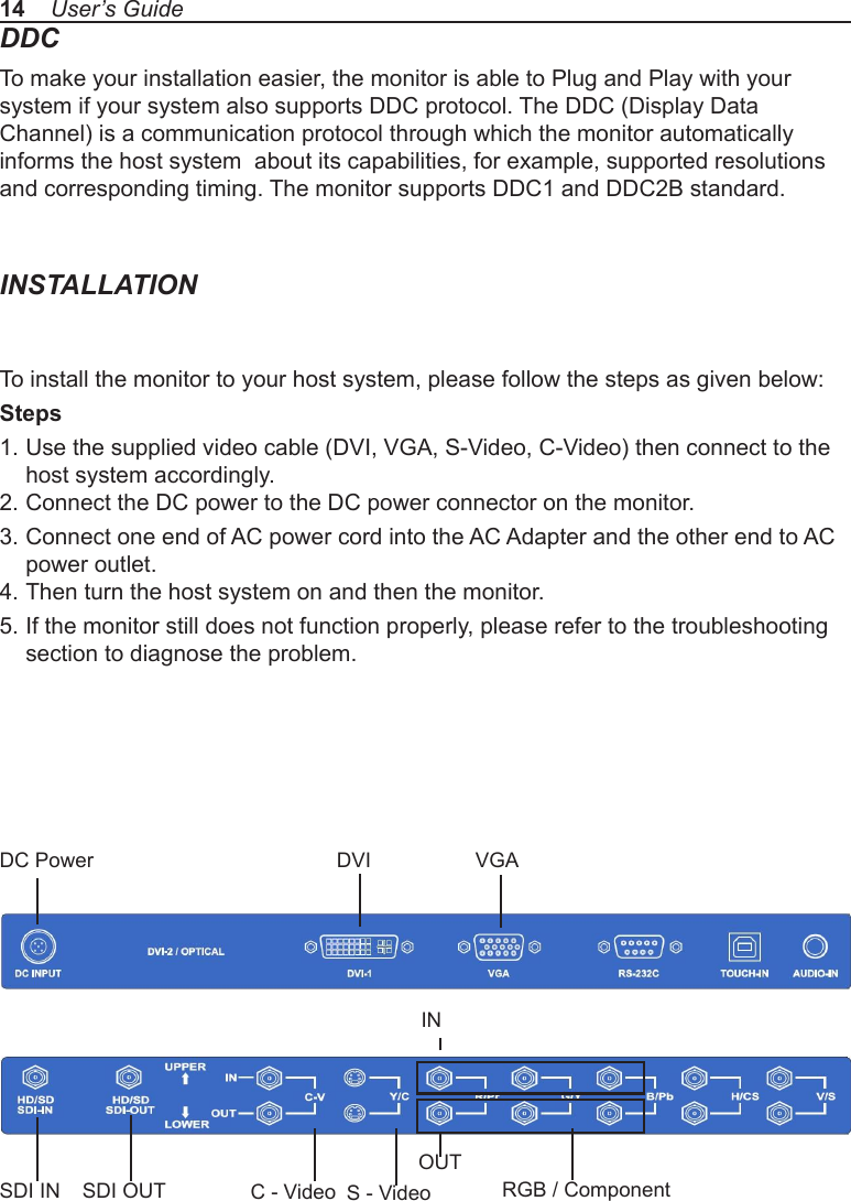DDCTo make your installation easier, the monitor is able to Plug and Play with your system if your system also supports DDC protocol. The DDC (Display Data Channel) is a communication protocol through which the monitor automatically informs the host system  about its capabilities, for example, supported resolutions and corresponding timing. The monitor supports DDC1 and DDC2B standard.INSTALLATIONTo install the monitor to your host system, please follow the steps as given below:Steps1. Use the supplied video cable (DVI, VGA, S-Video, C-Video) then connect to the   host system accordingly.2. Connect the DC power to the DC power connector on the monitor.3. Connect one end of AC power cord into the AC Adapter and the other end to AC   power outlet.4. Then turn the host system on and then the monitor.5. If the monitor still does not function properly, please refer to the troubleshooting   section to diagnose the problem.14    User’s GuideDVI VGASDI IN S - VideoC - Video DC PowerINOUTRGB / ComponentSDI OUT